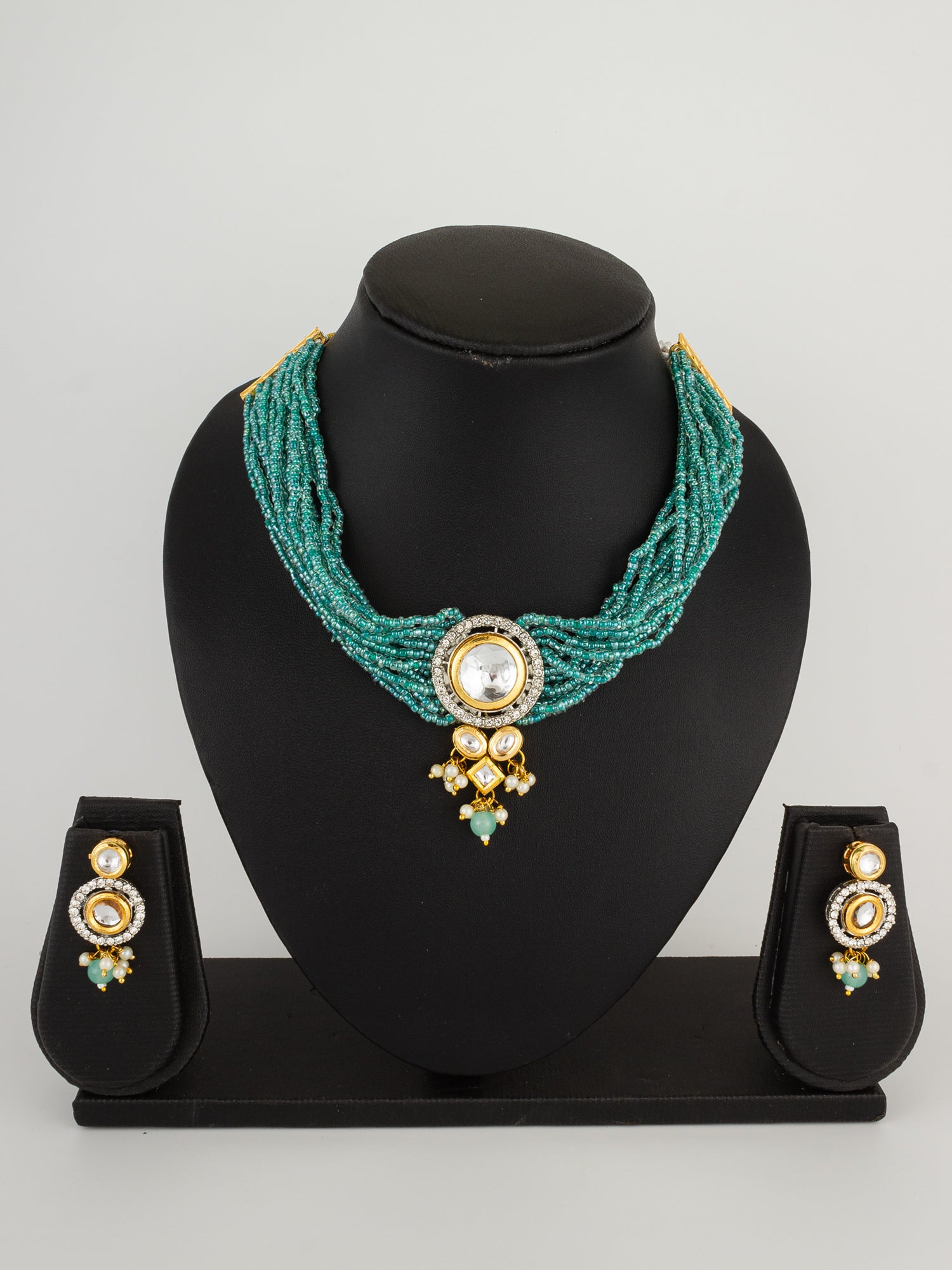 Gold-Tone Turquoise Seed Bead Choker Necklace Set with Kundan Pendant and Pearl Drops – View 4 | Aadita Jewelry