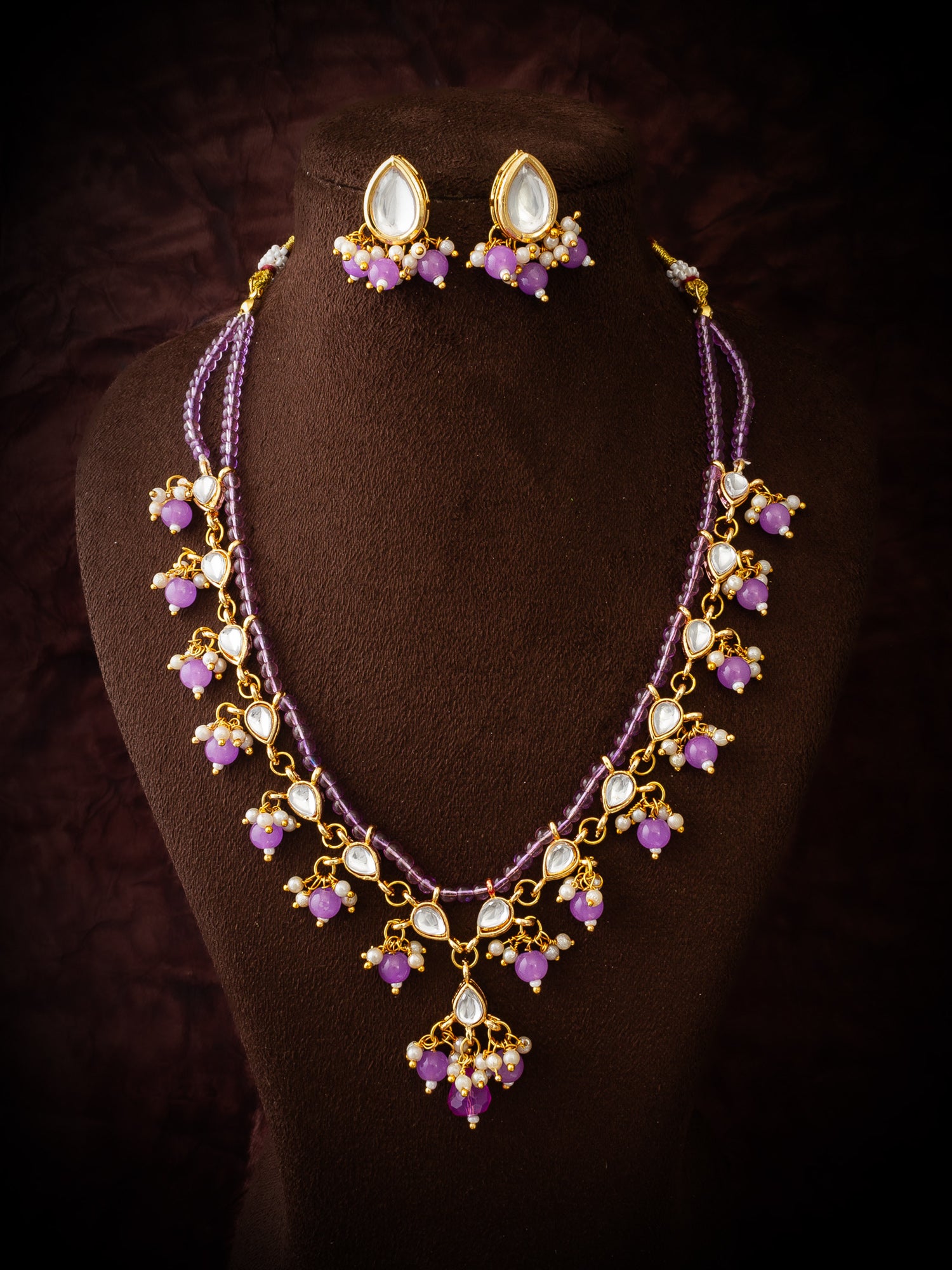 Gold-Plated Lavender Beads Kundan Choker Necklace Set – View 4 | Aadita Jewelry