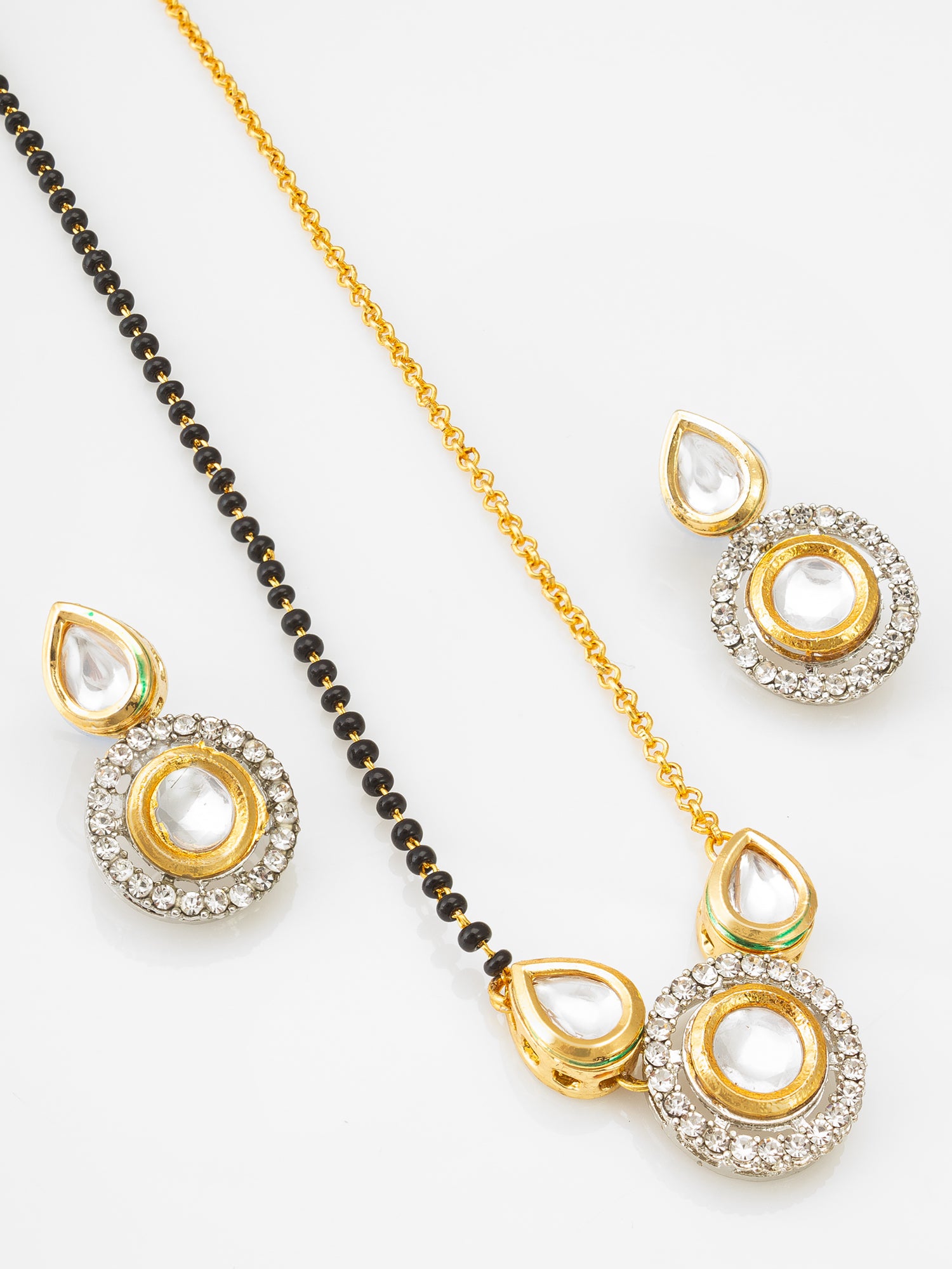 Two-Tone Kundan Mangalsutra Set with Polki and Silver-Tone Crystal Earrings – View 2 | Aadita Jewelry