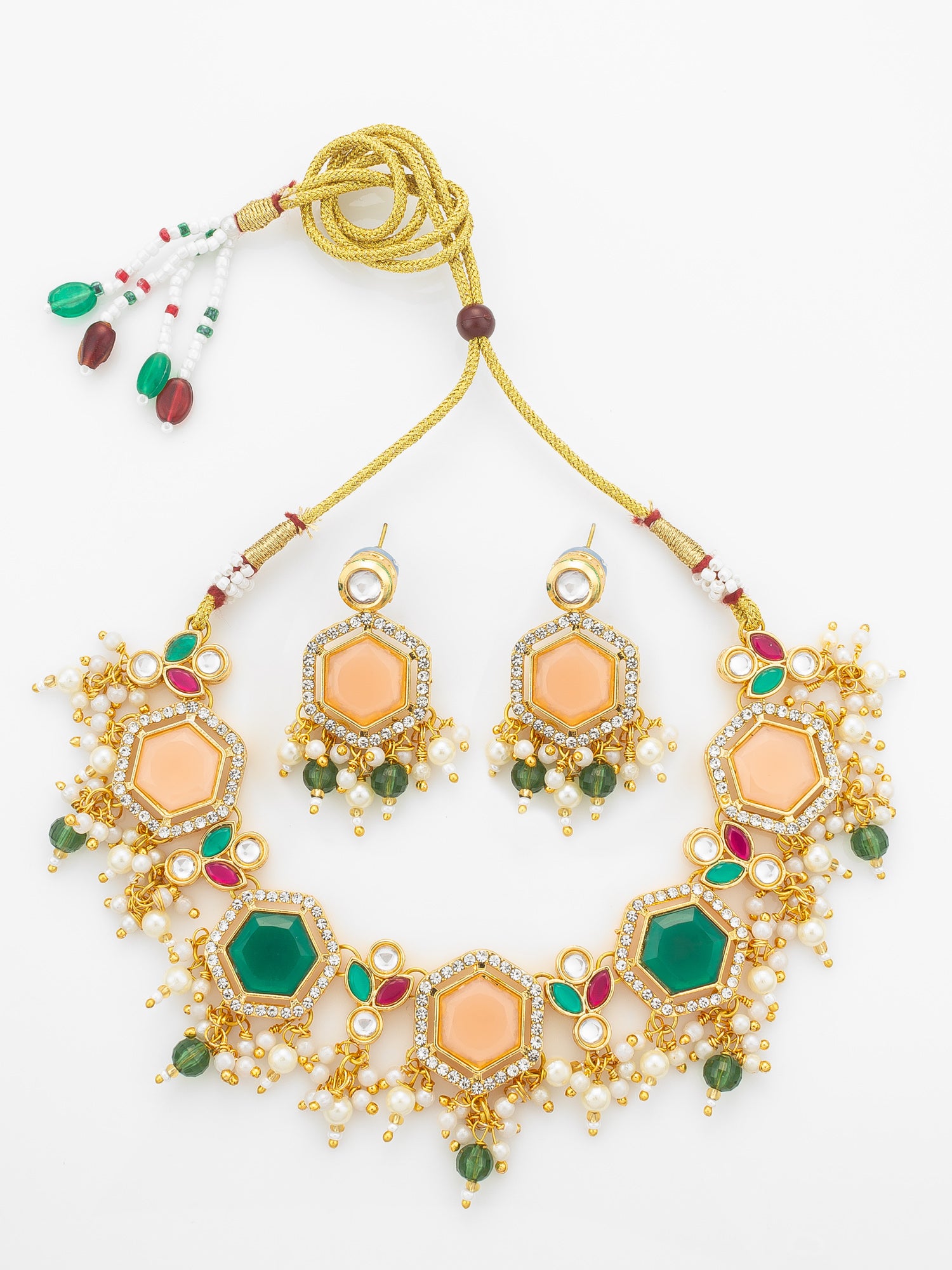 Aadita Gold-Plated Kundan Choker Necklace Set with Peach and Green Stones | Aadita Jewelry