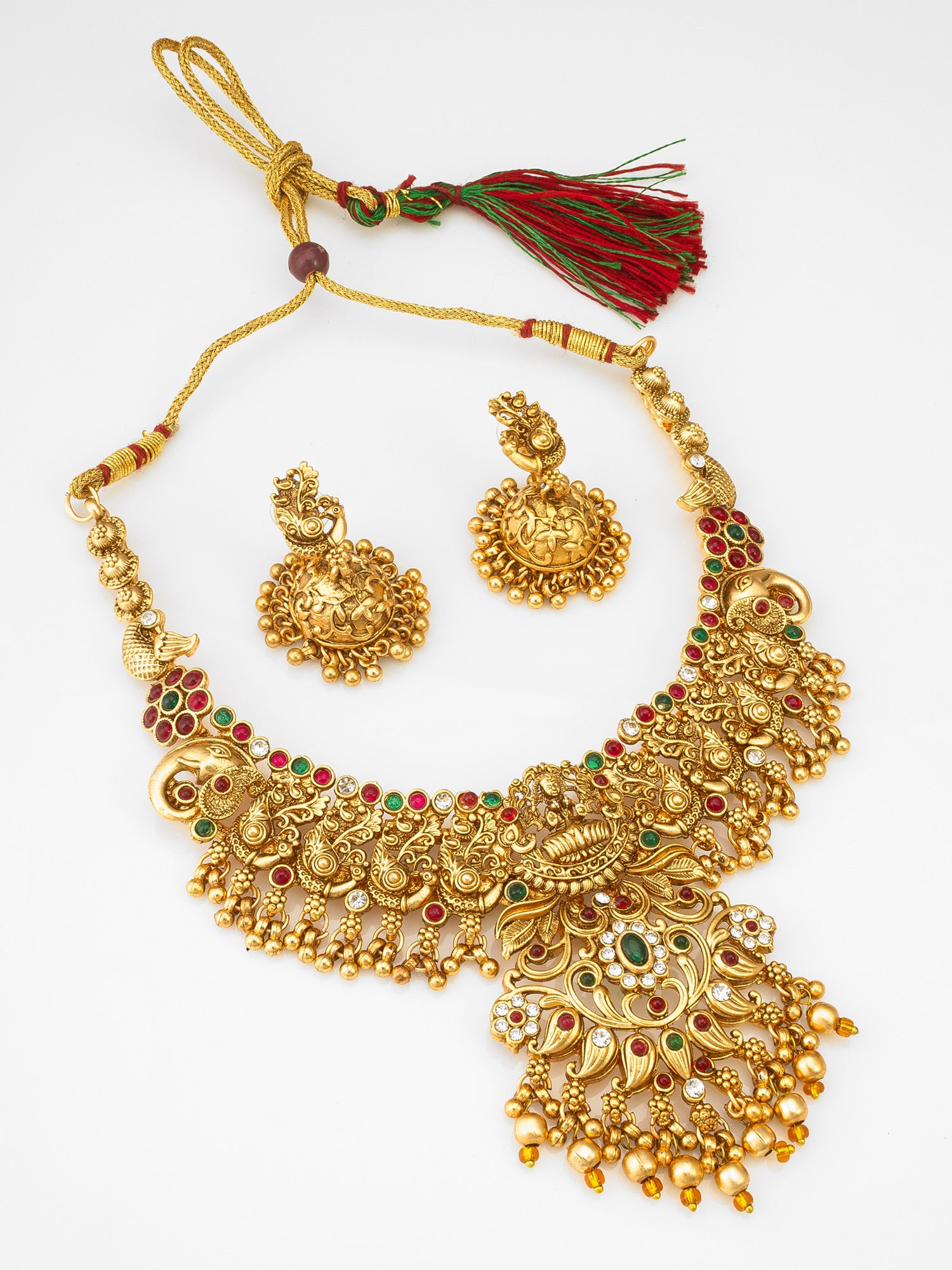 Antique Gold Temple Necklace Set with Multicolour Stones and Gold Bead Drops | Aadita Jewelry