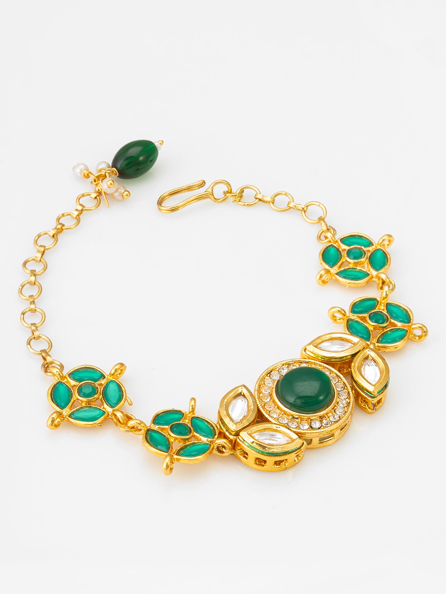 Gold-Plated Emerald Green Kundan Bracelet with Pearl Drop | Aadita Jewelry