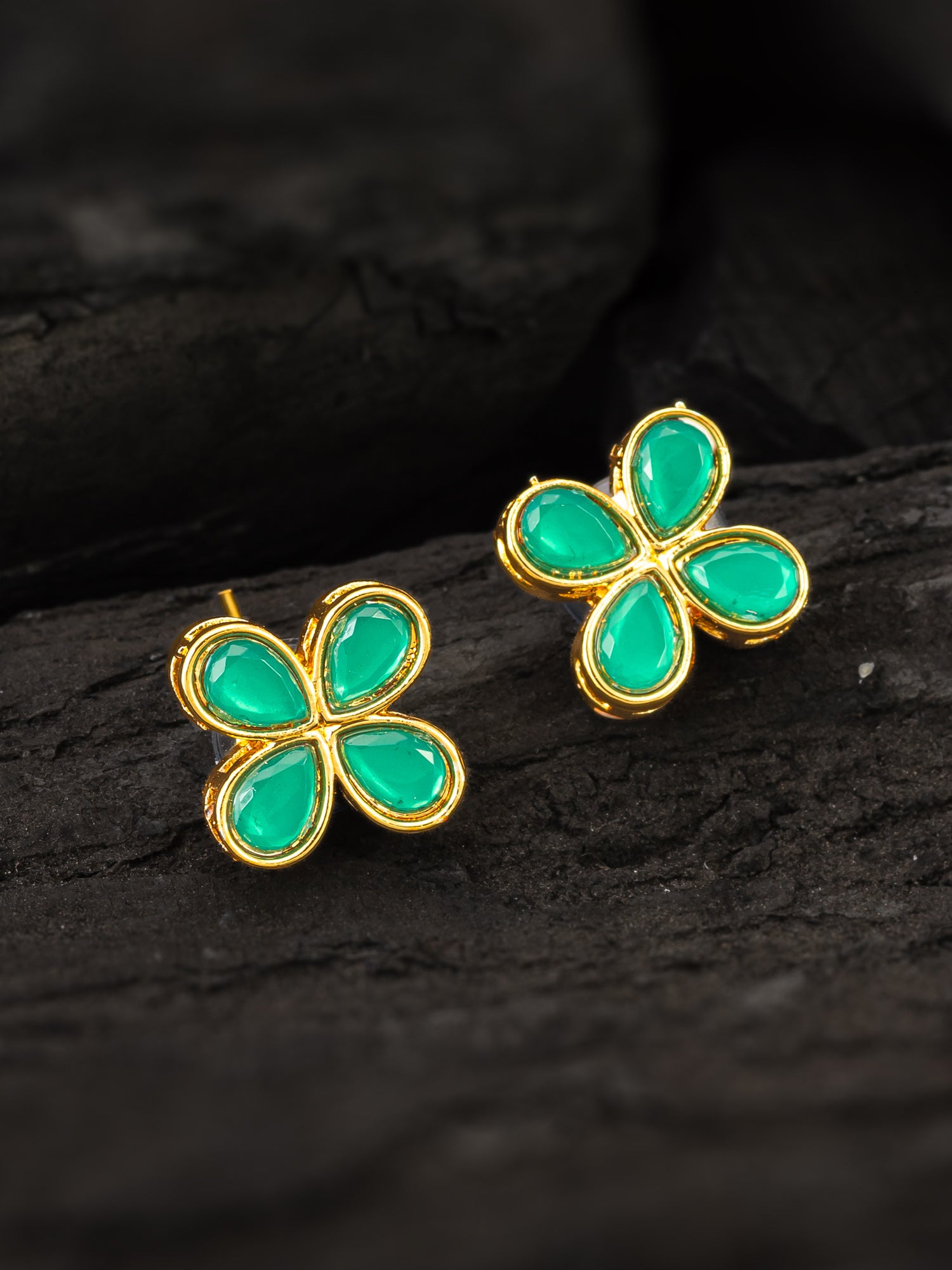 Floral Green Stone Gold Plated Stud Earrings – View 5 | Aadita Jewelry