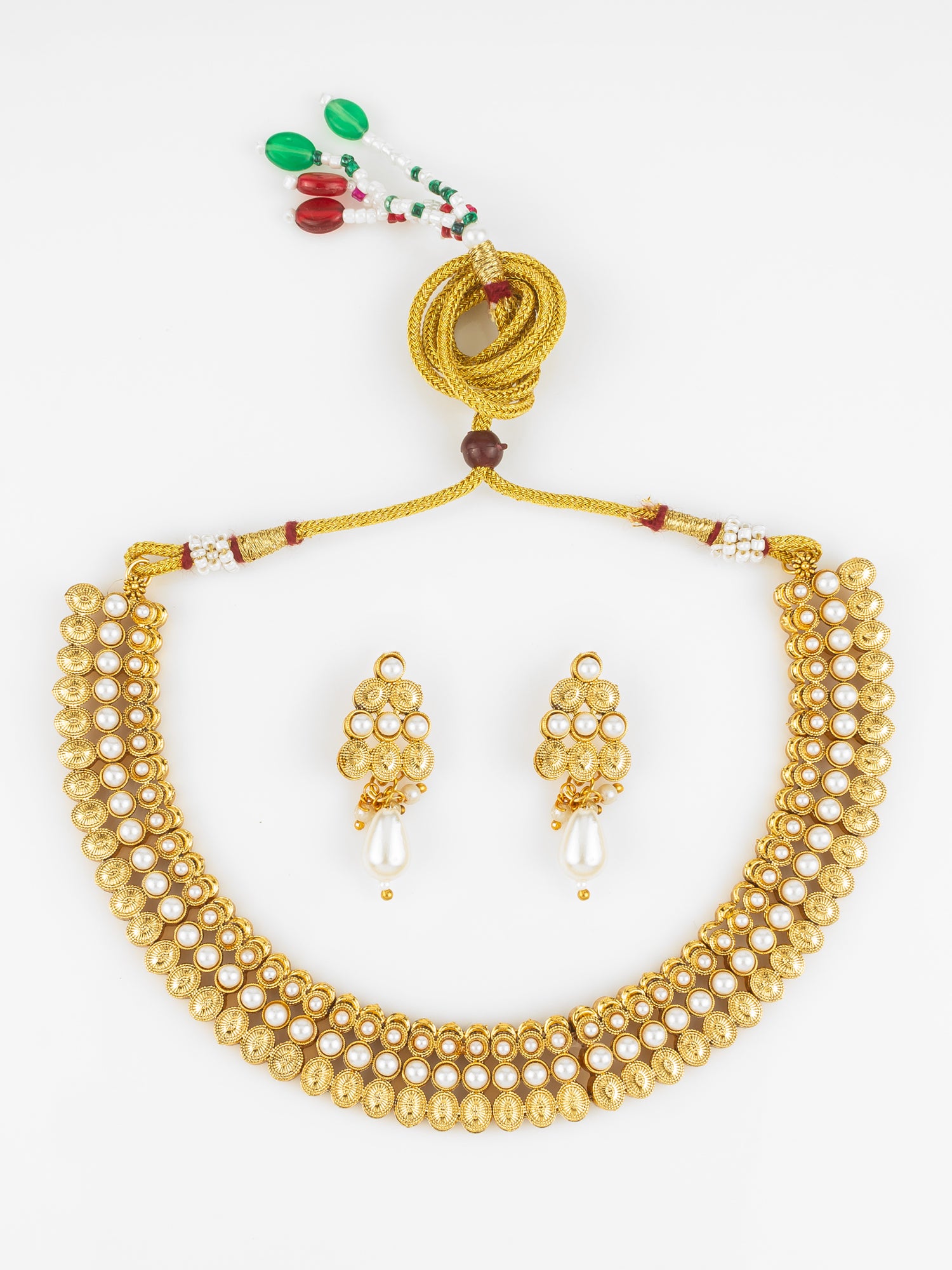 Gold Plated Pearl Beaded Traditional Necklace Set with Drop Earrings | Aadita Jewelry
