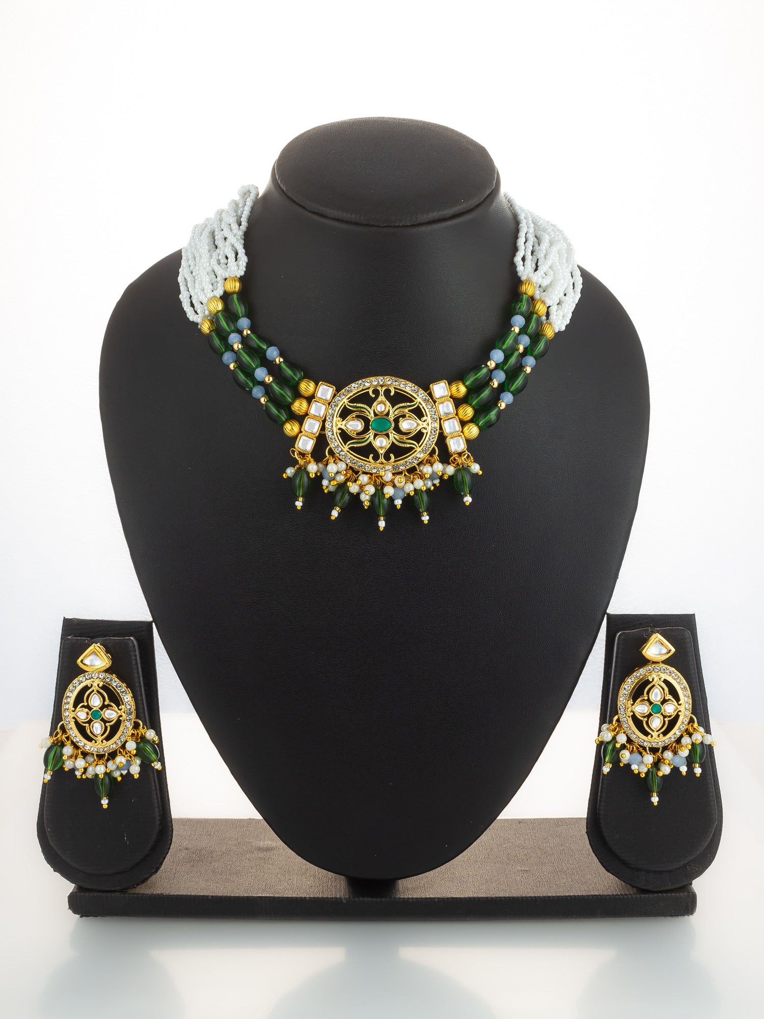Gold Plated Green Beaded Choker Necklace Set – View 5 | Aadita Jewelry