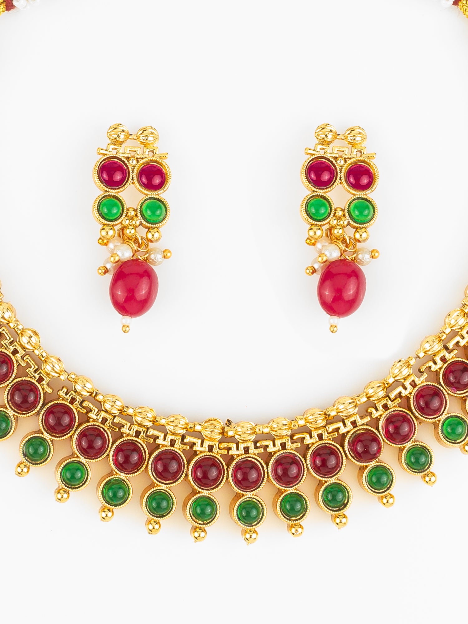Gold Plated Dual-Tone Red & Green Stone Traditional Necklace Set for Women – View 4 | Aadita Jewelry