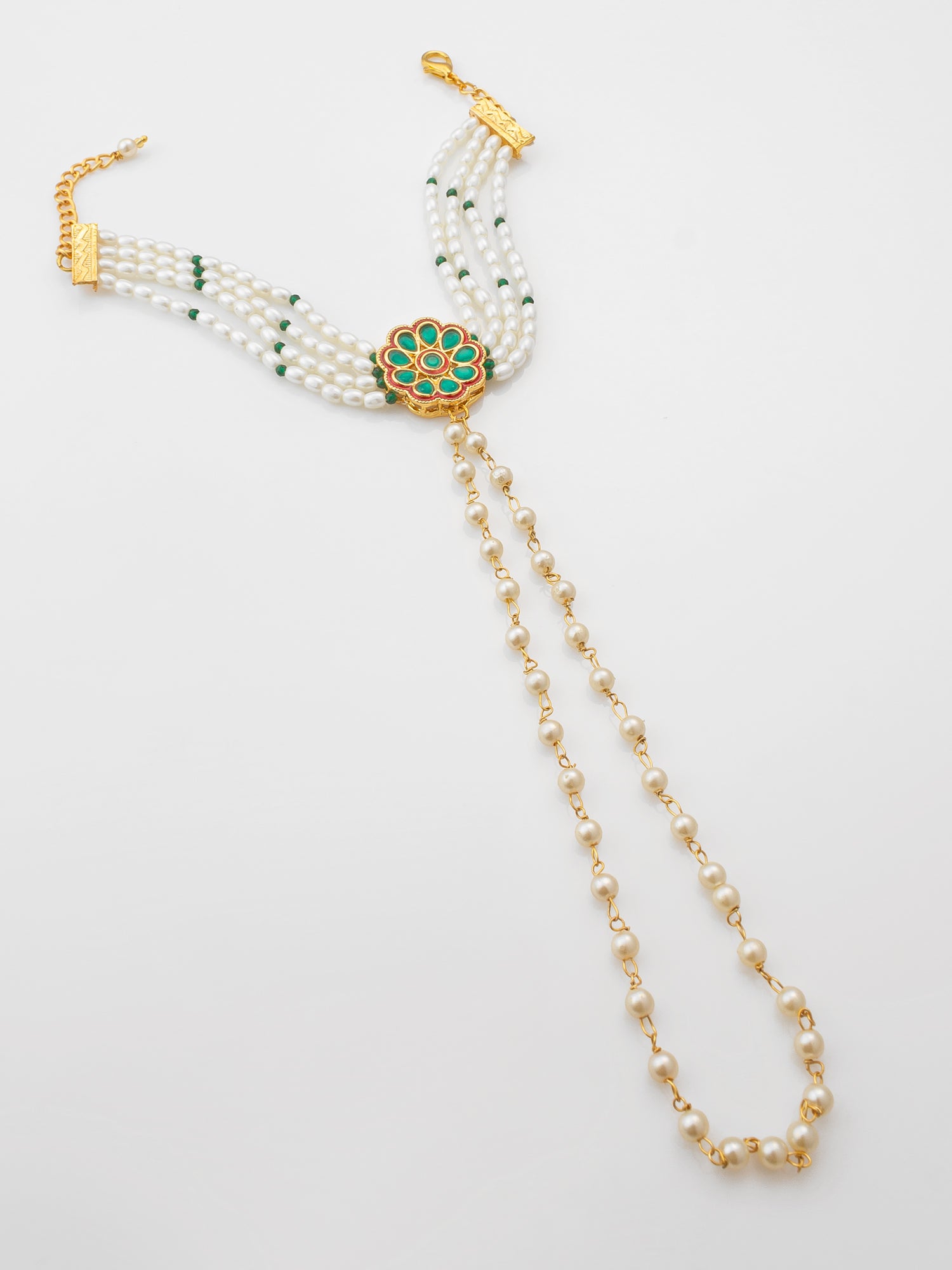 Adita Gold Plated Green Kundan & Pearl Haathphool Bracelet "“ Traditional Hand Harness Jewelry for Women & Brides – View 3 | Aadita Jewelry