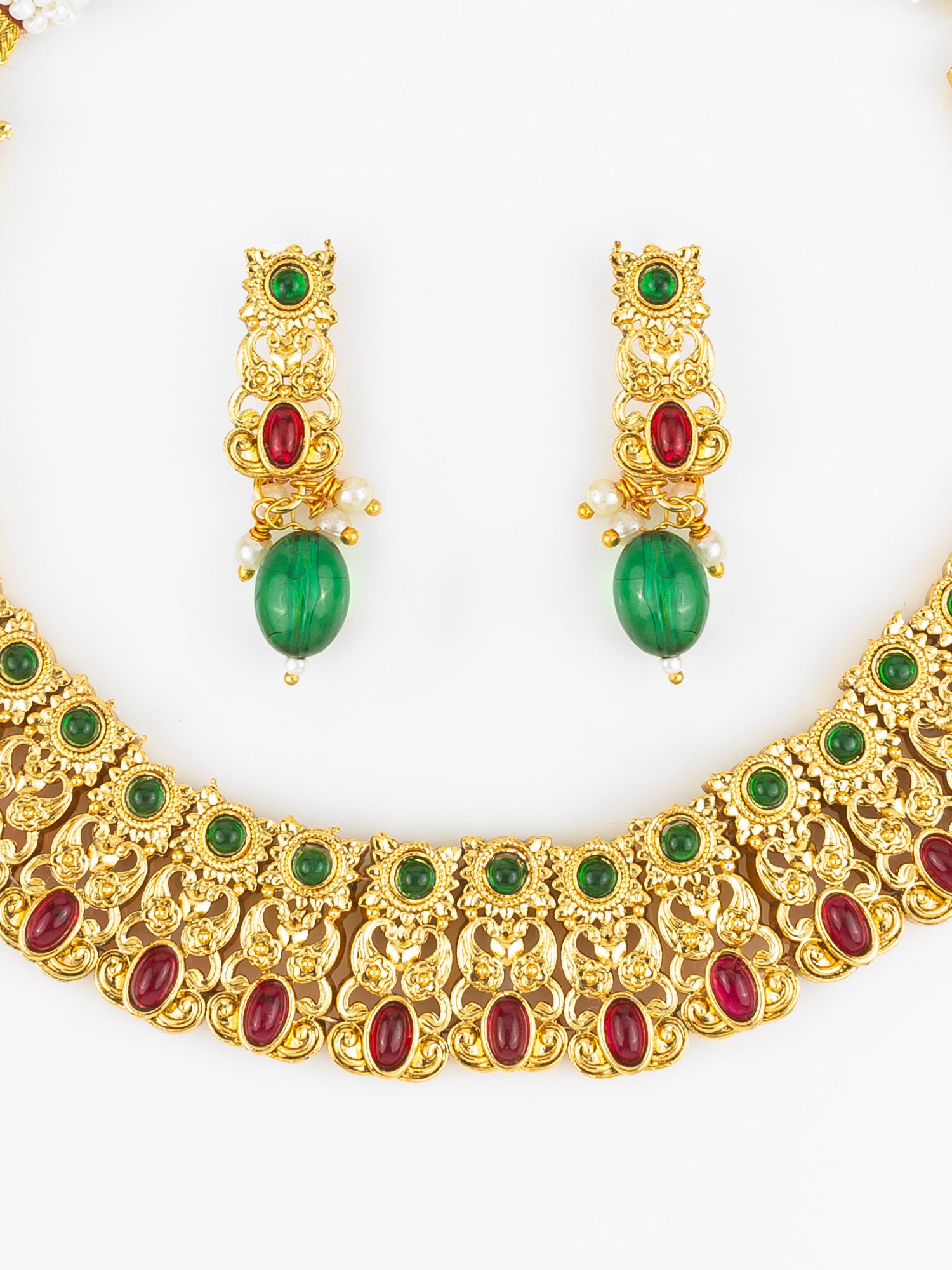 Gold Plated Red & Green Temple-Inspired Necklace Set with Drop Earrings – View 4 | Aadita Jewelry