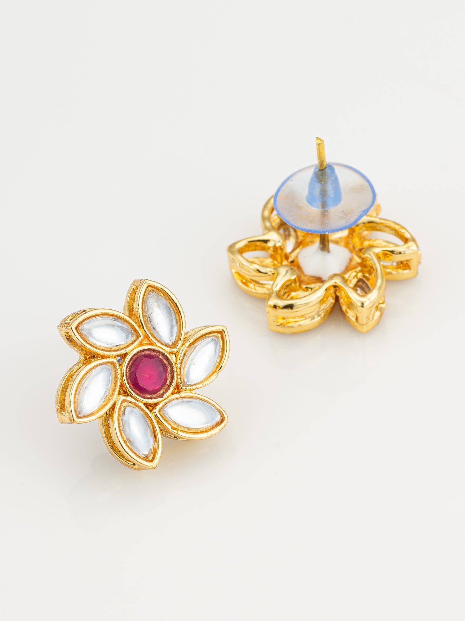 Vibrant Gold Plated White and Pink Kundan Floral Studs – View 3 | Aadita Jewelry