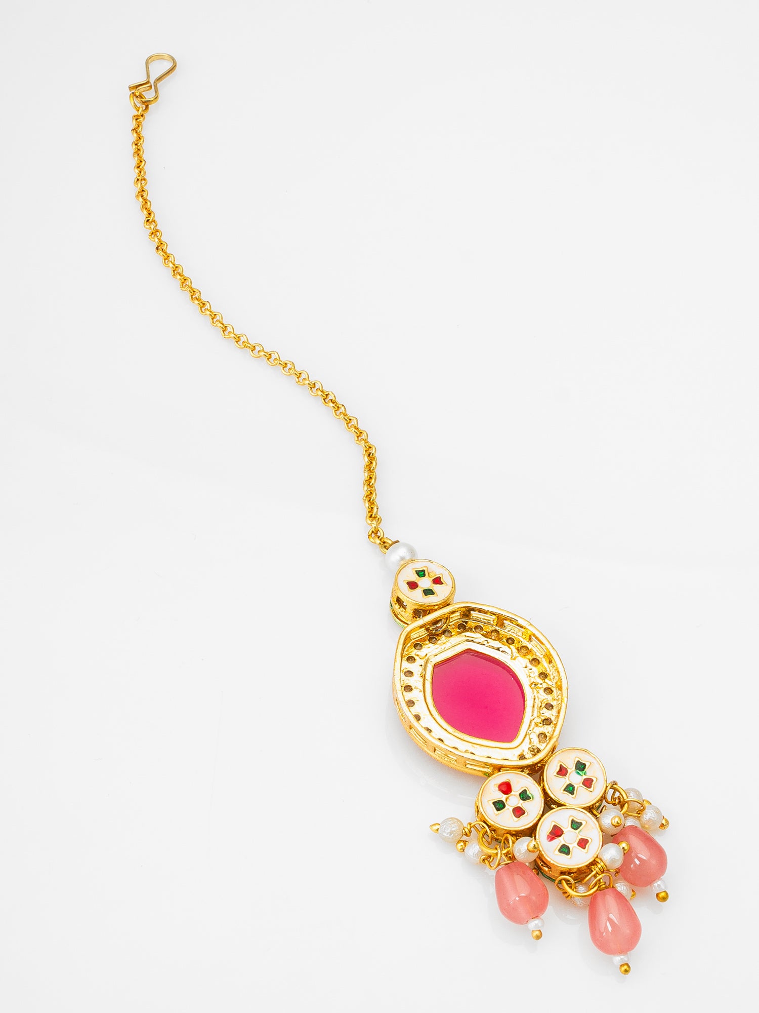 Gold-Plated Pink Kundan Maang Tikka with Crystal Bead Drops – View 2 | Aadita Jewelry