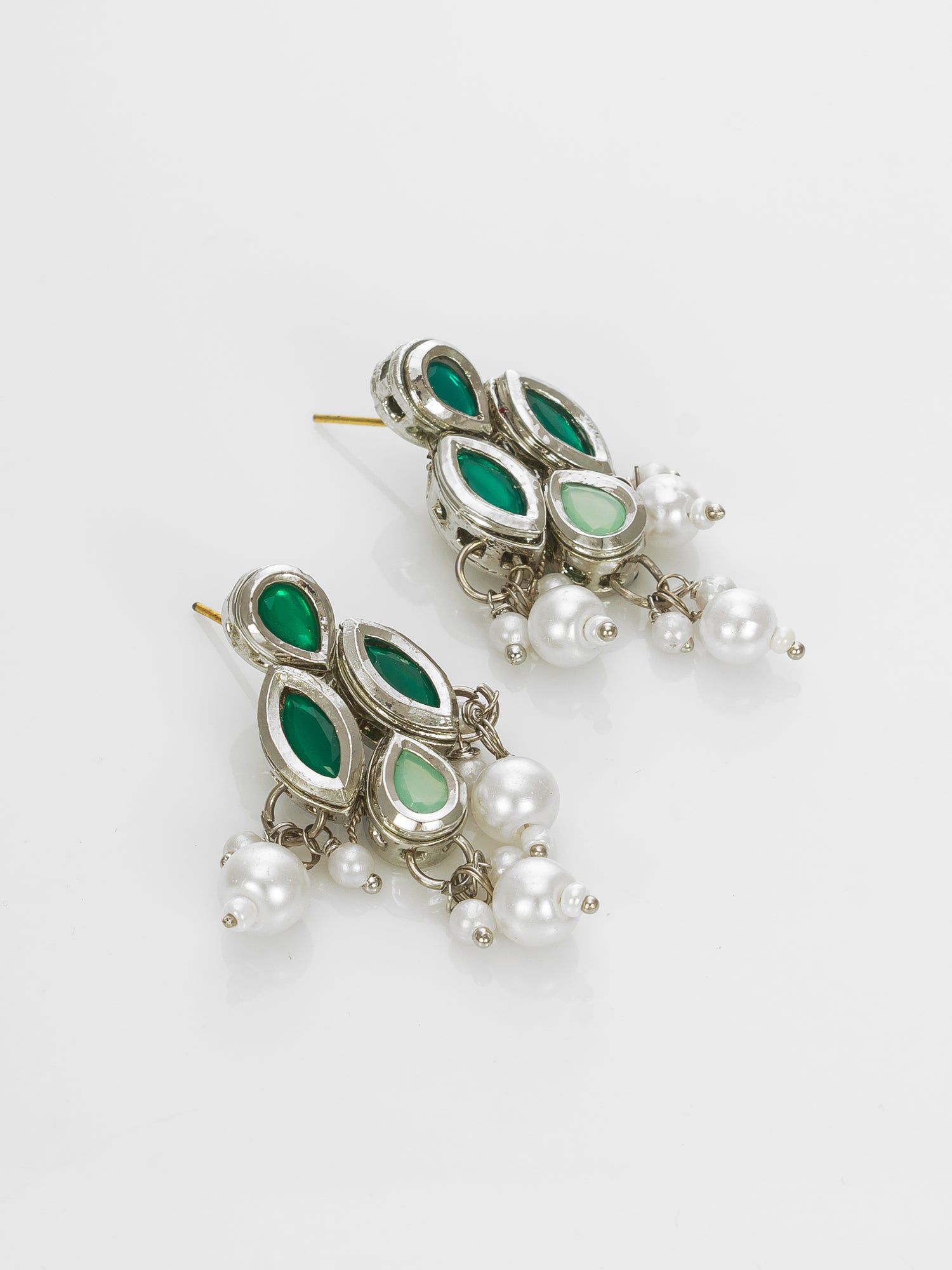 Silver Plated Green & White Beaded Kundan Pearl Necklace Set – View 2 | Aadita Jewelry