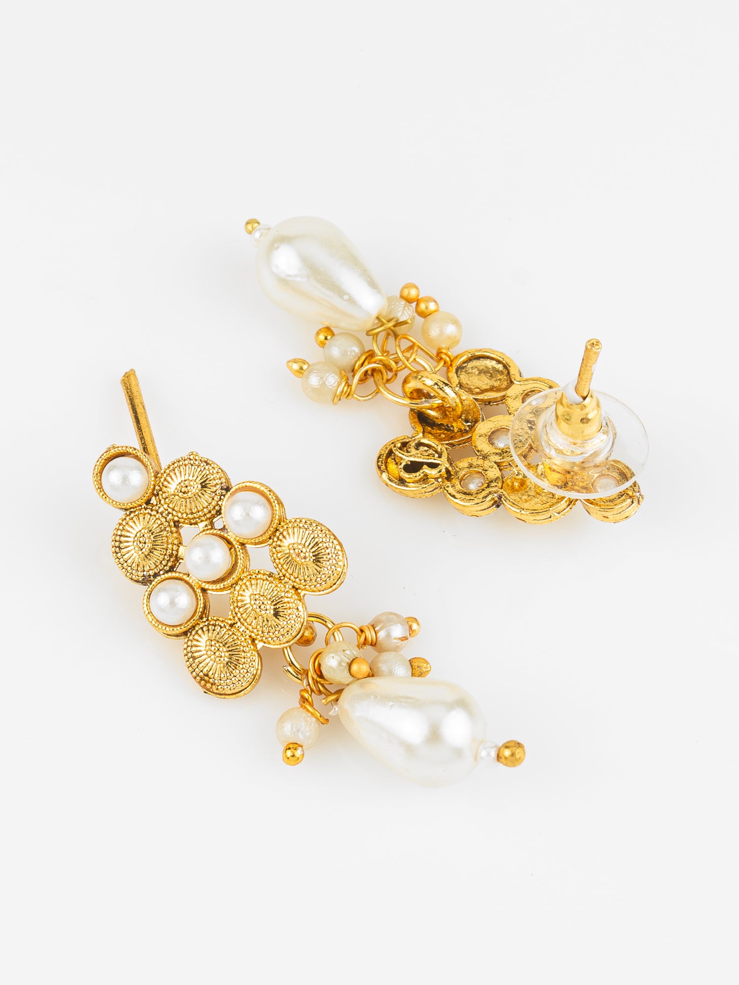 Gold Plated Pearl Beaded Traditional Necklace Set with Drop Earrings – View 3 | Aadita Jewelry