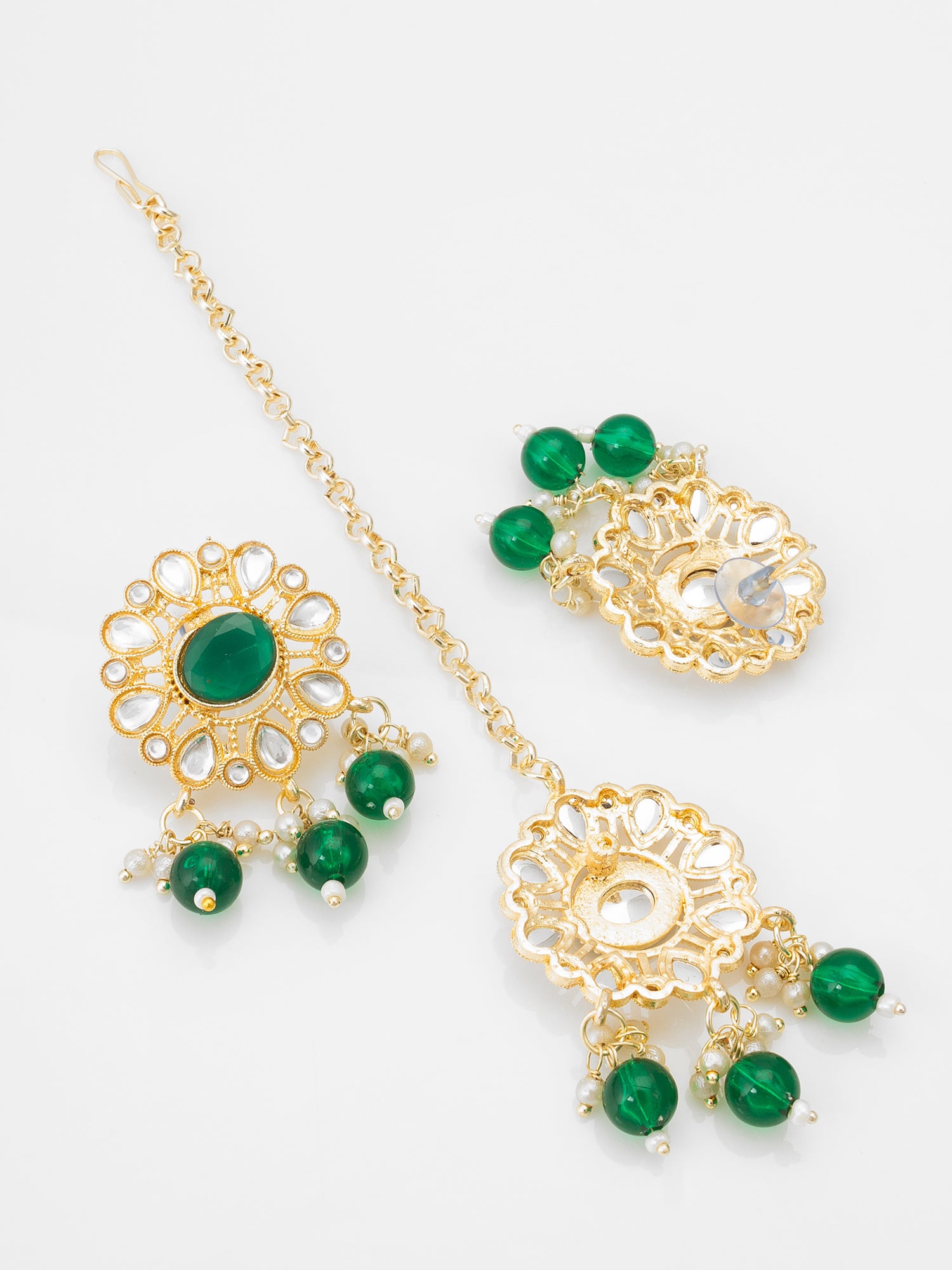 Green Kundan Choker Necklace Set with Beaded Drops Earrings – View 3 | Aadita Jewelry