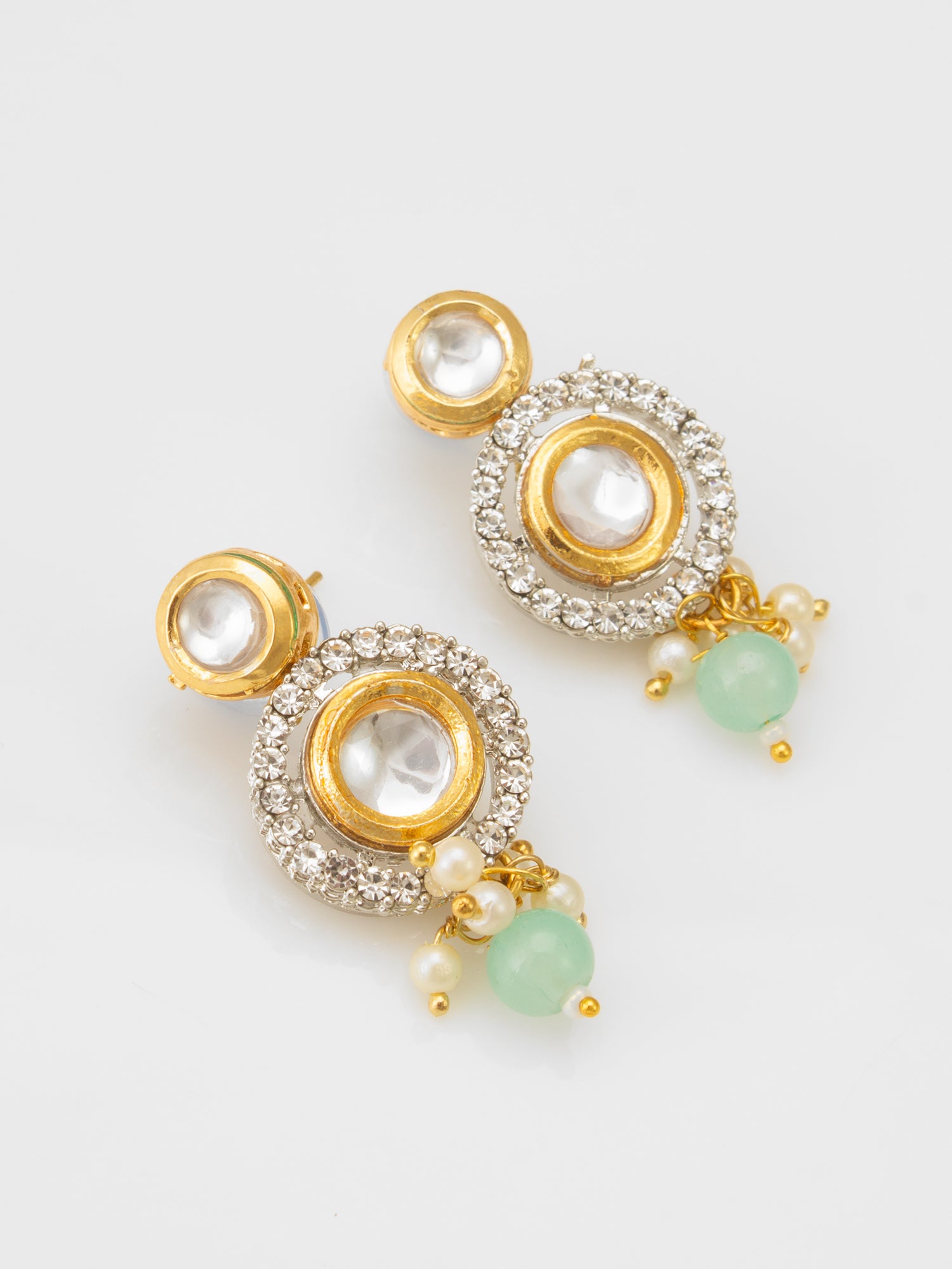 Gold-Tone Turquoise Seed Bead Choker Necklace Set with Kundan Pendant and Pearl Drops – View 2 | Aadita Jewelry