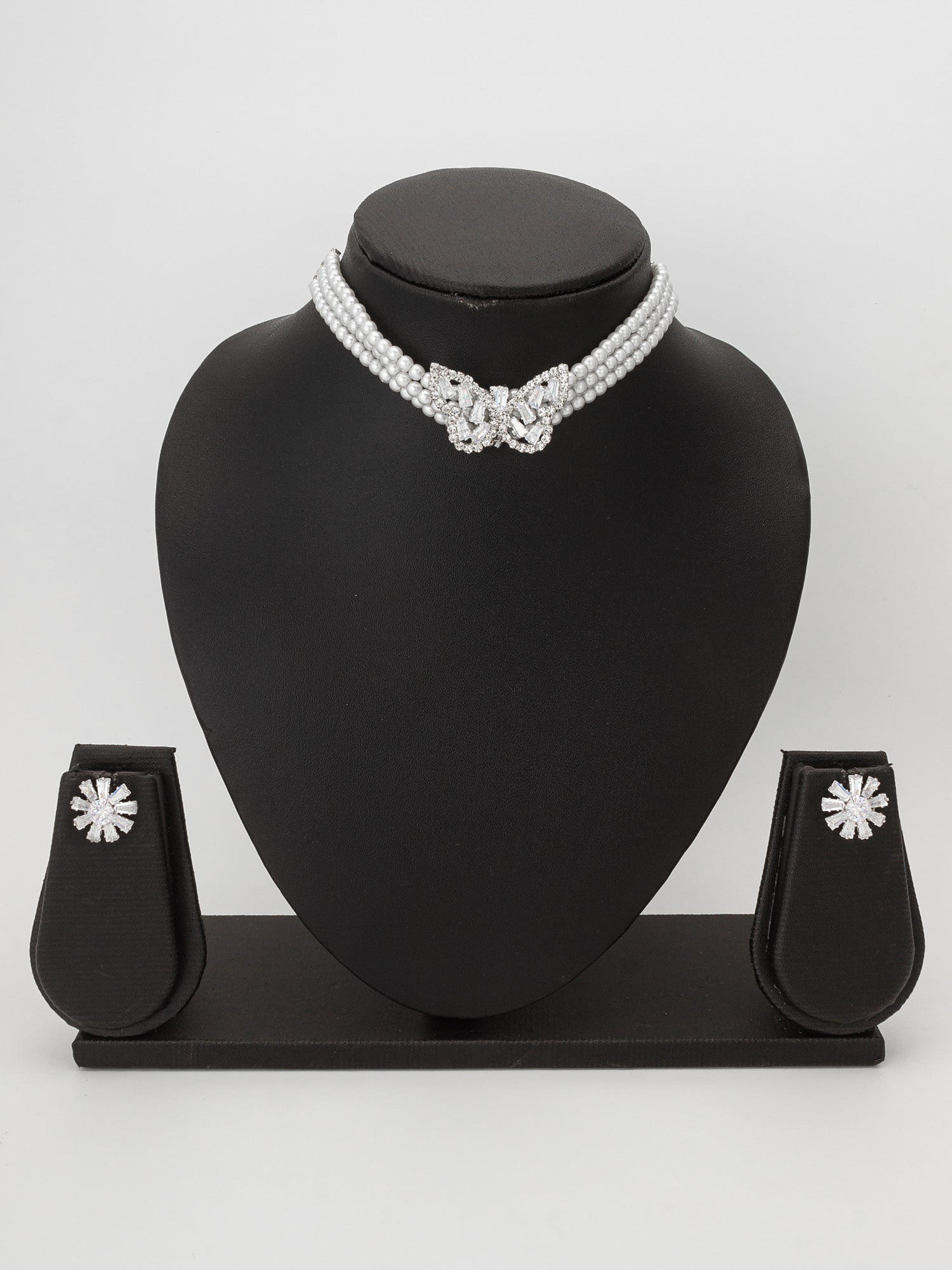 Pearl Choker Necklace Set with Crystal Butterfly Pendant and Starburst Stud Earrings – View 4 | Aadita Jewelry