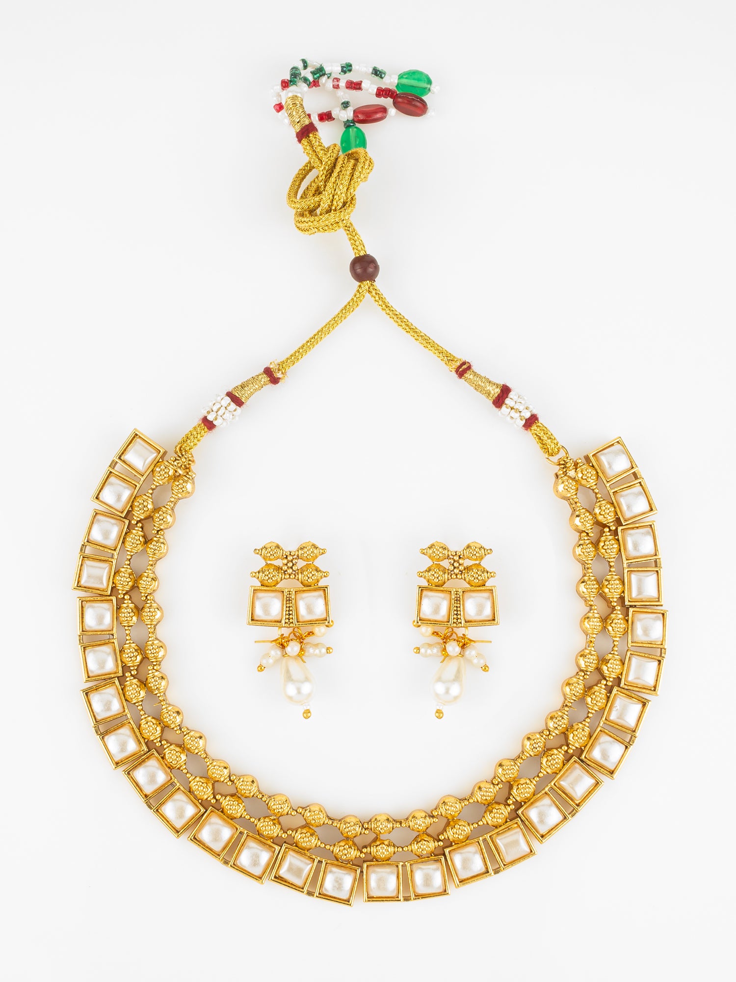 Gold Plated Pearl Kundan Geometric Traditional Necklace Set for Women | Aadita Jewelry