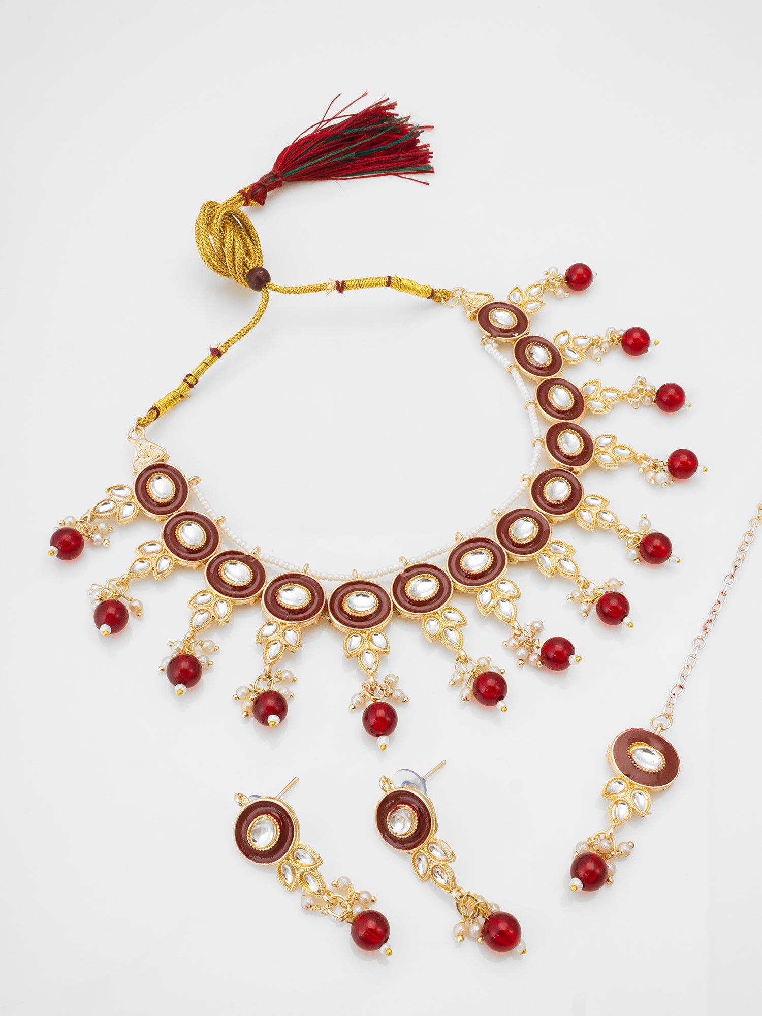 Red Beaded Kundan Choker Necklace Set with Earrings | Aadita Jewelry