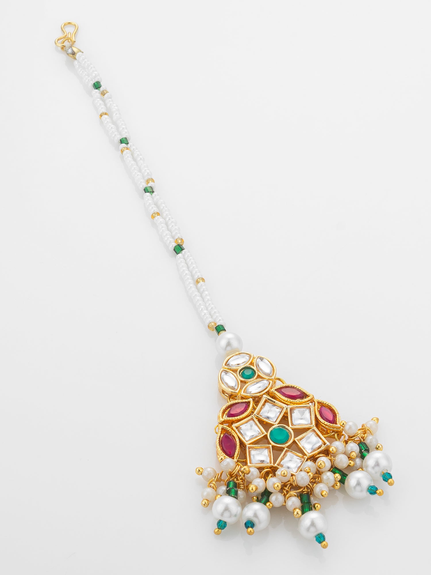 Aadita Gold Plated Multi-Stone Kundan Mangtika with White Seed Bead Chain and Pearl Fringe – View 2 | Aadita Jewelry