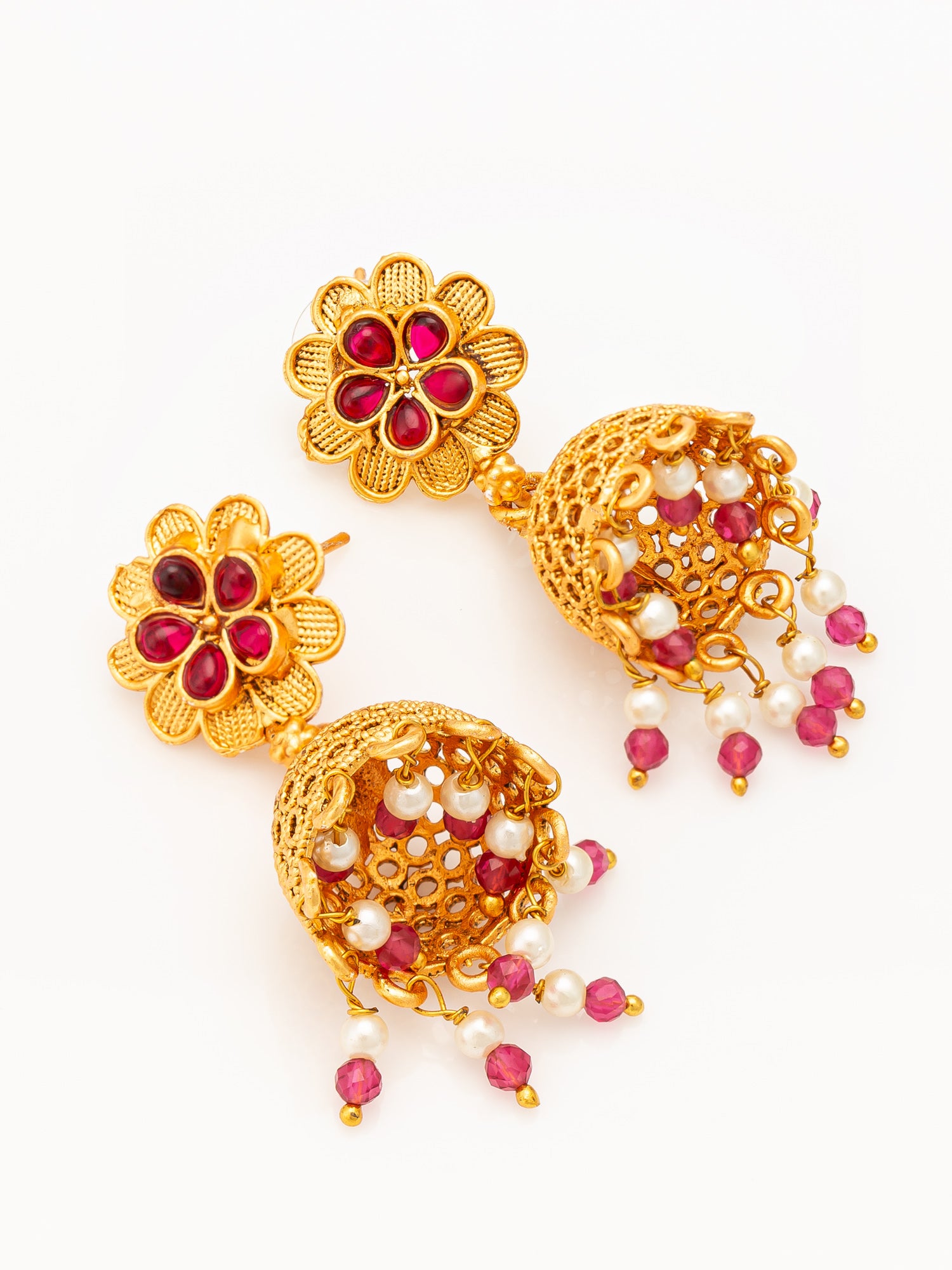 Aadita Gold Plated Floral Jhumka Earrings with Pink Stone Accents – View 2 | Aadita Jewelry