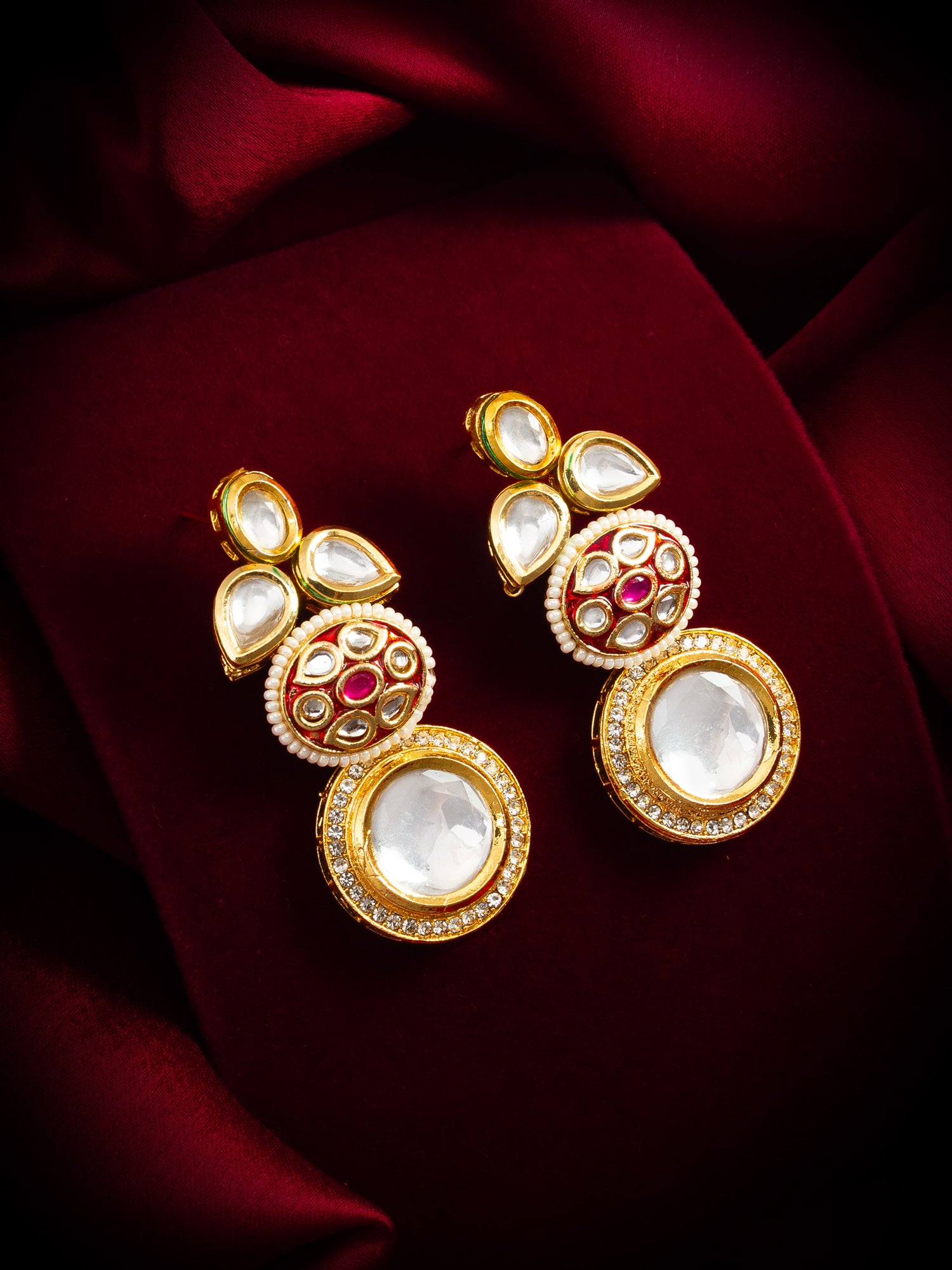 Gold-Plated Stone & Meenakari Circular Drop Earrings with Pearl – View 4 | Aadita Jewelry
