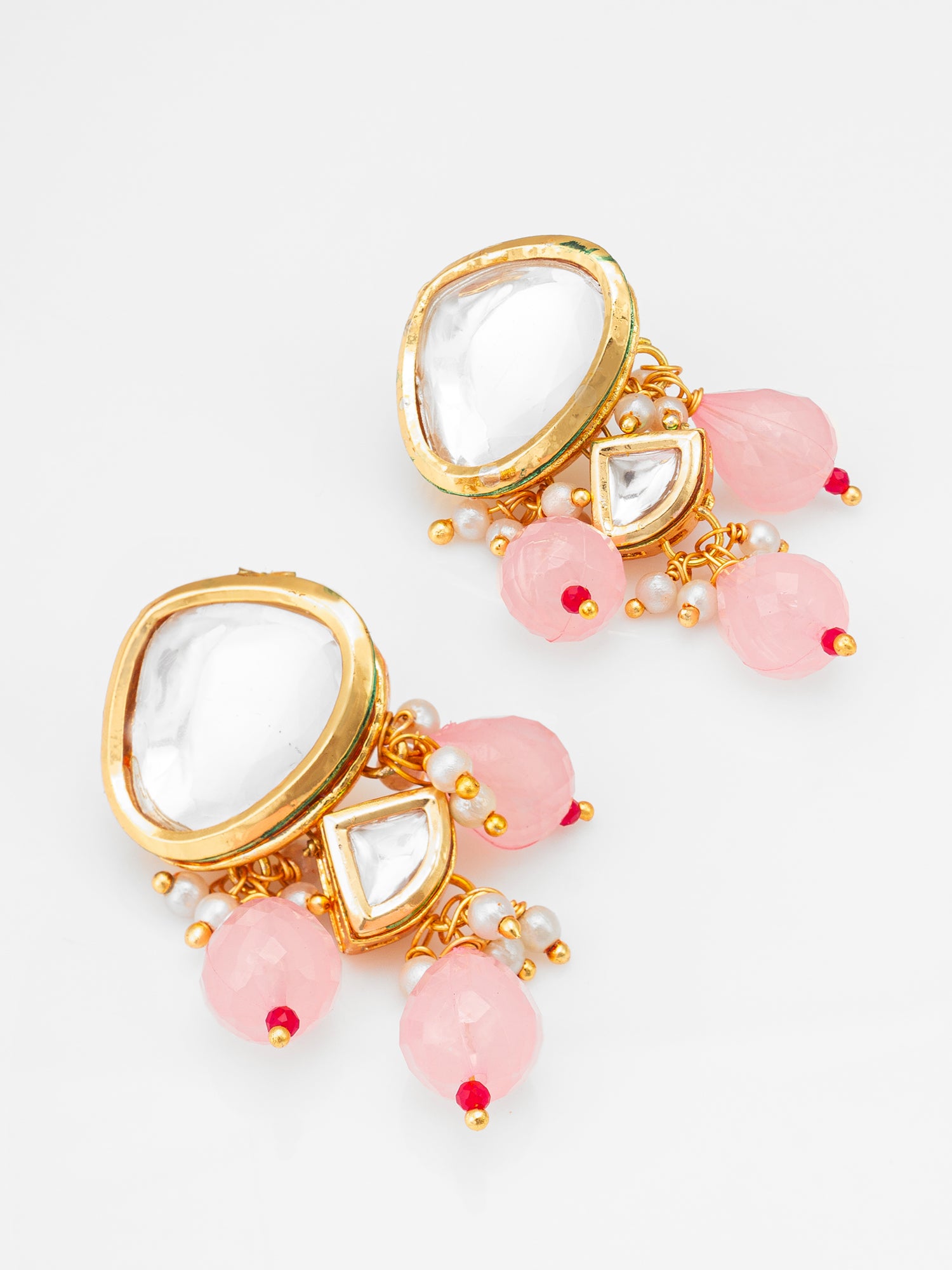 Pink Kundan Necklace Set with Beaded Drops – View 2 | Aadita Jewelry