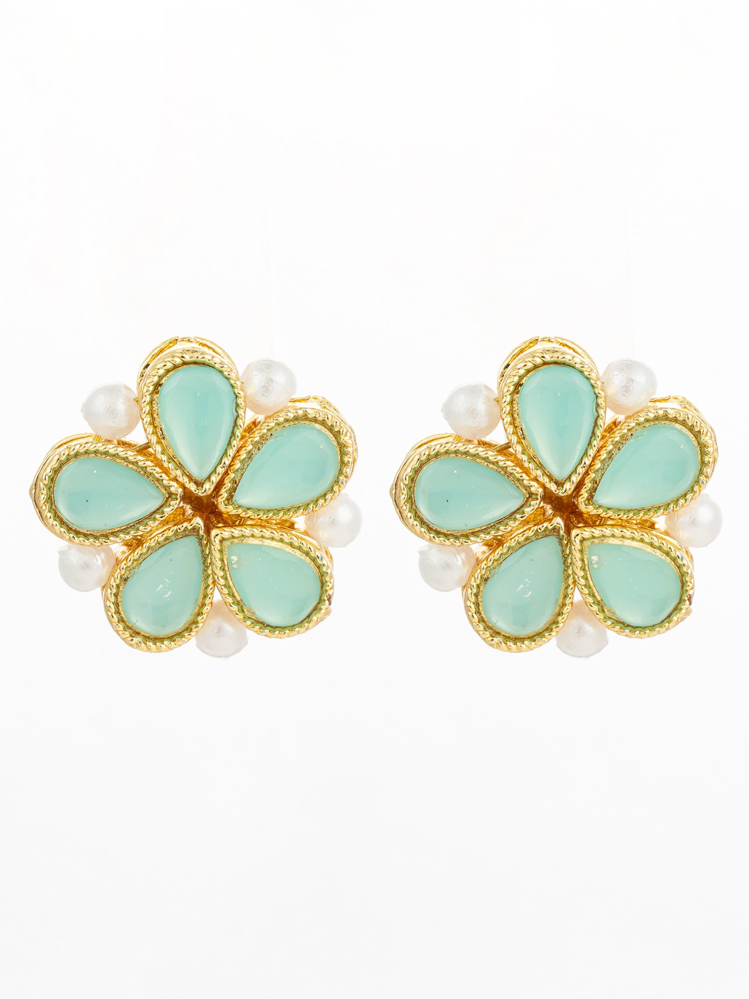 Gold Plated Mint Green Floral Stud Earrings with Pearls | Aadita Jewelry