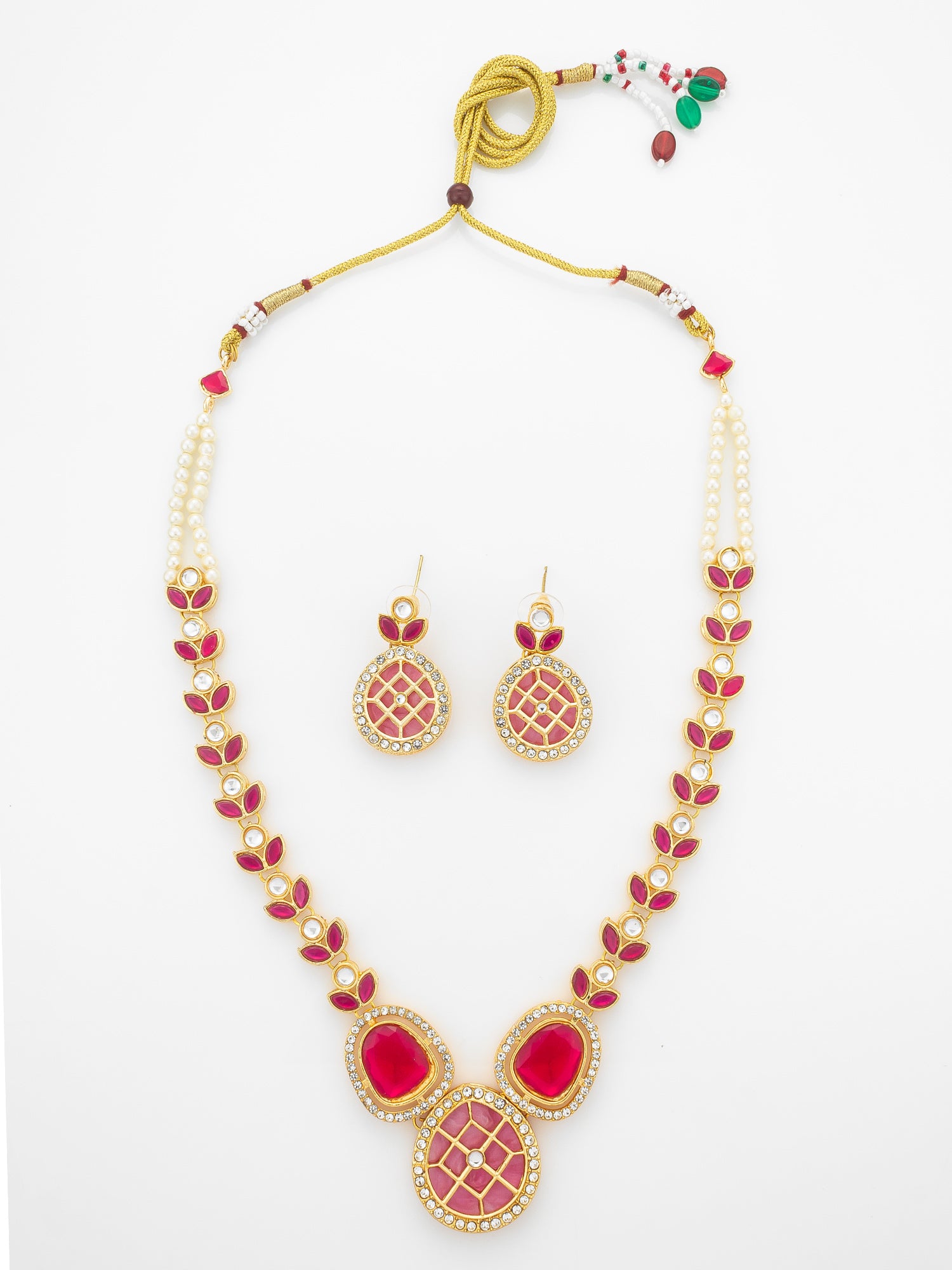 Aadita Gold-Plated Kundan Necklace Set with Ruby Red Stones and Pearl Strand | Aadita Jewelry