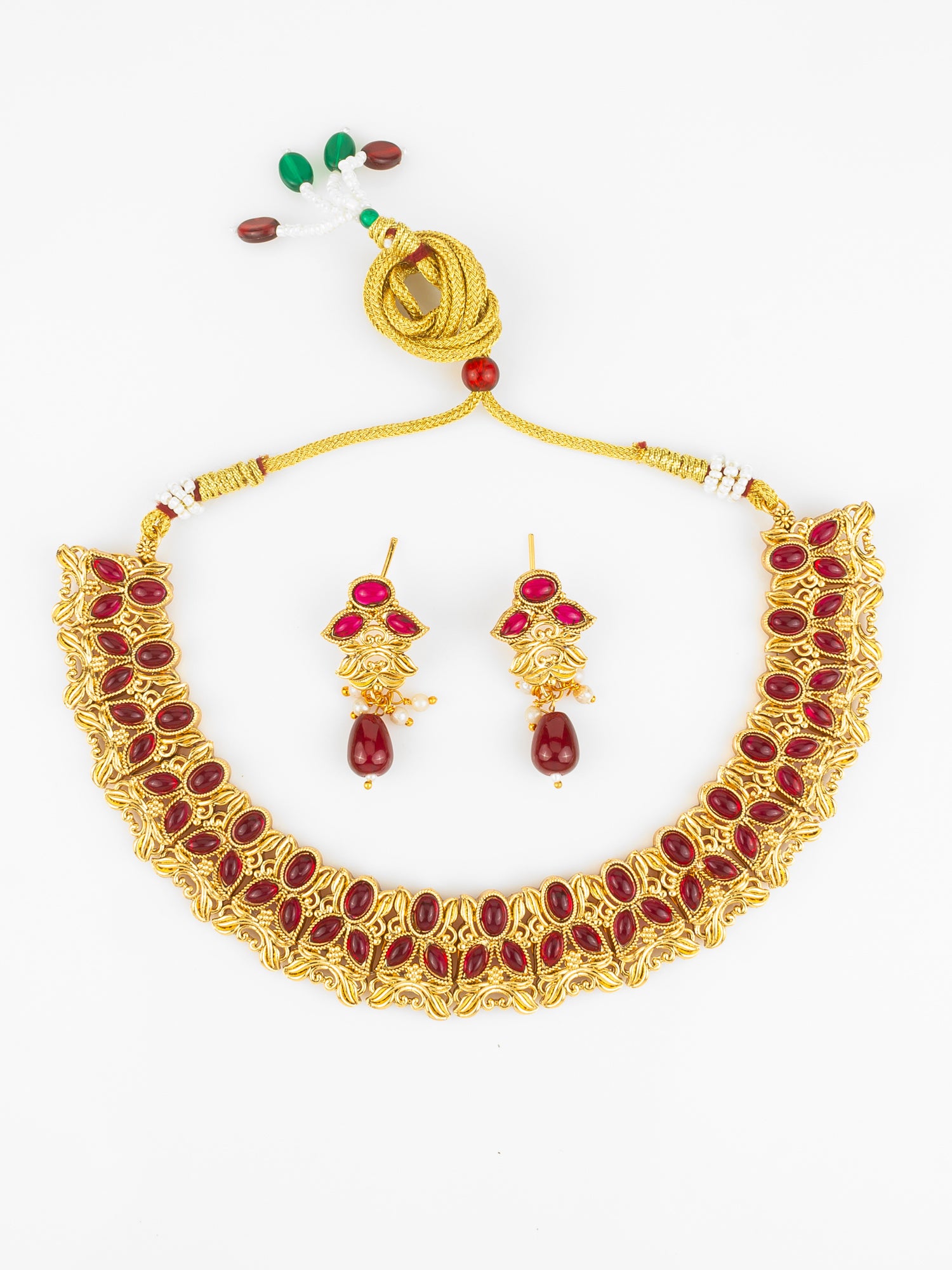 Gold Plated Maroon Oval Stone Designer Traditional Necklace Set for Women | Aadita Jewelry
