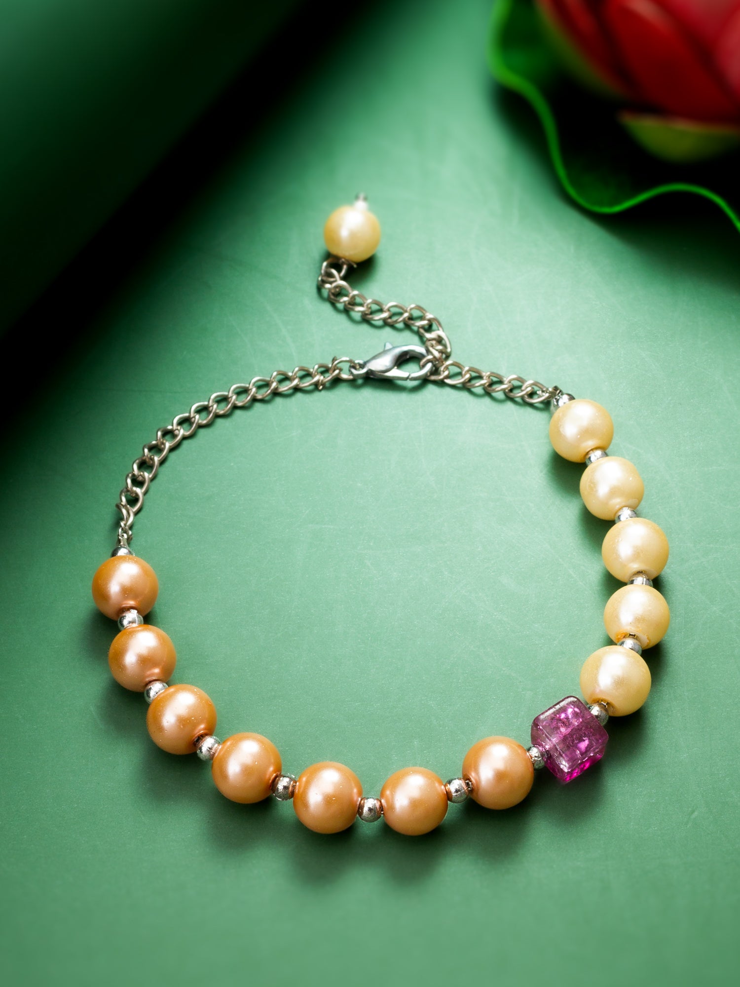 Dual-Tone Pearl Bead Bracelet with Cube Accent and Silver Chain – View 3 | Aadita Jewelry