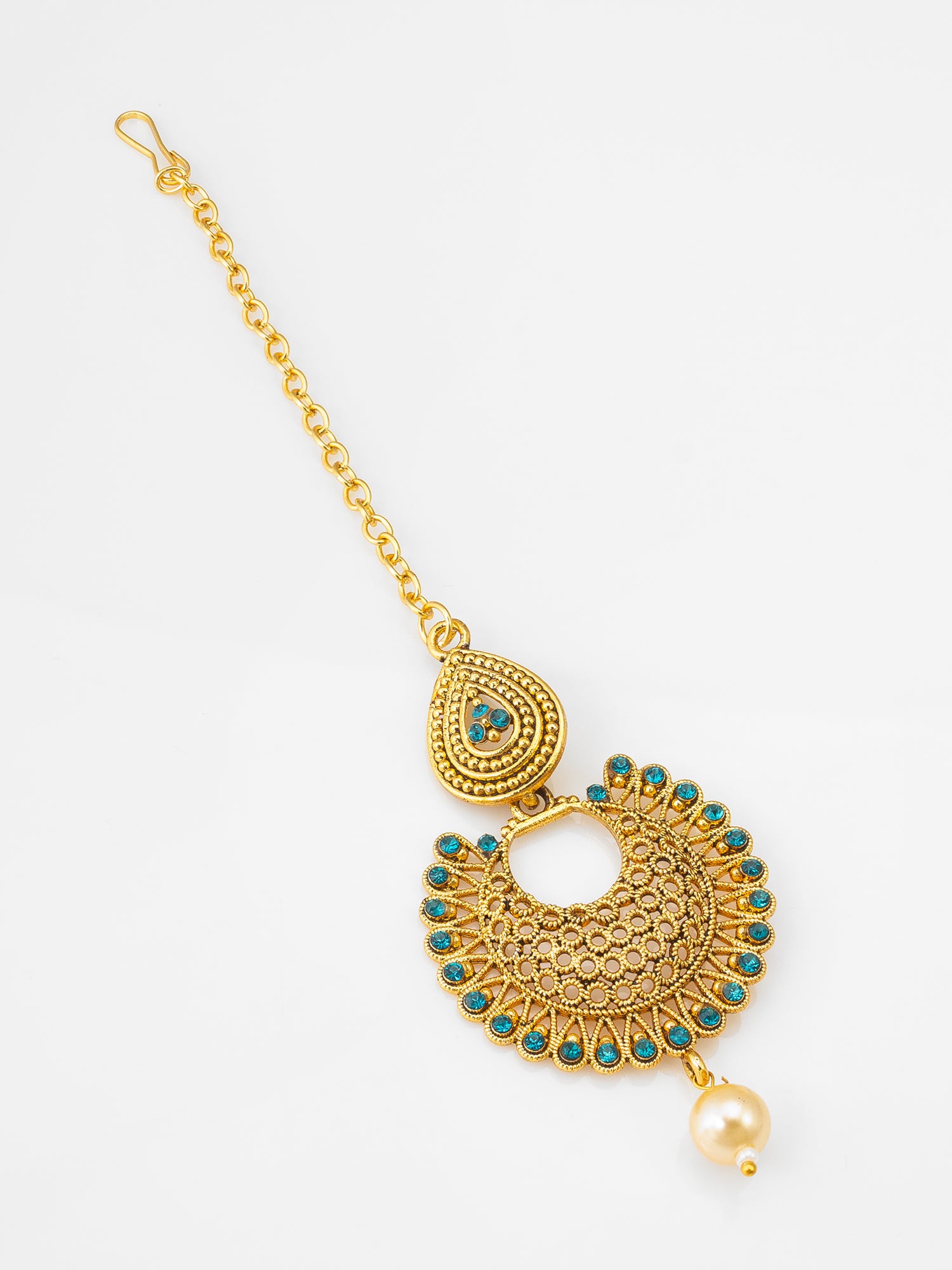Gold-Plated Chandbali Maang Tikka with Teal AD Stones and Pearl Drop | Aadita Jewelry