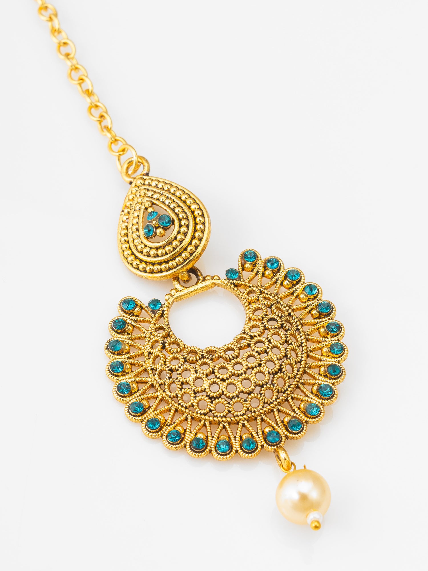 Gold-Plated Chandbali Maang Tikka with Teal AD Stones and Pearl Drop – View 2 | Aadita Jewelry