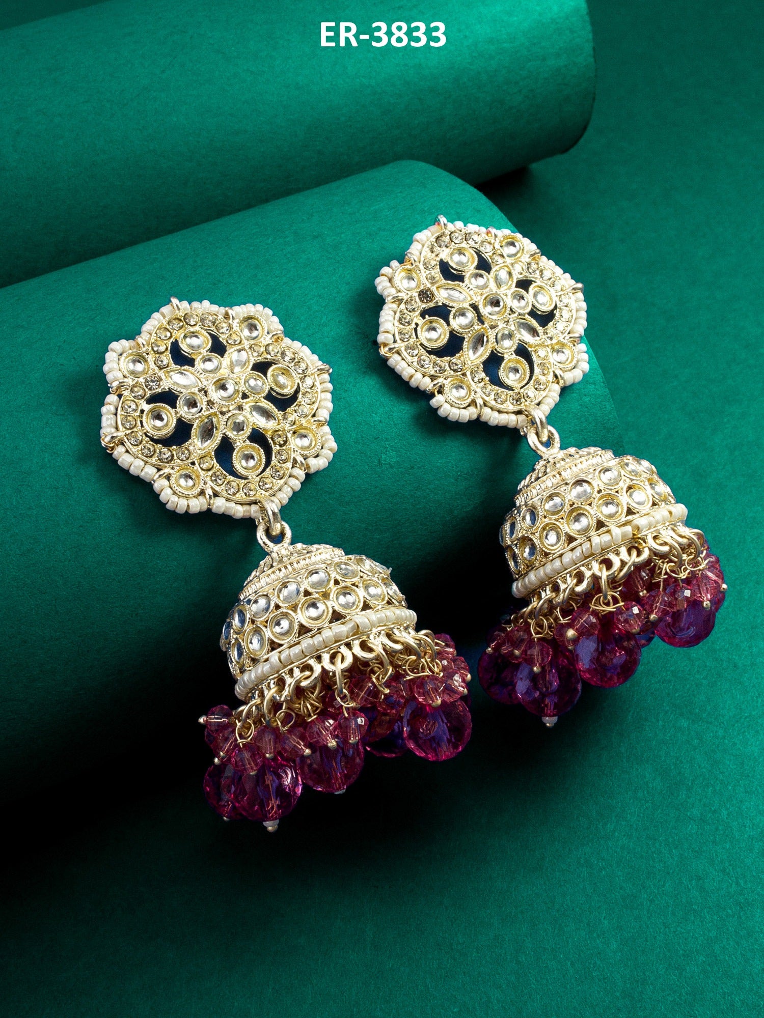 Kundan Pink Beaded Jhumka Earrings – View 5 | Aadita Jewelry