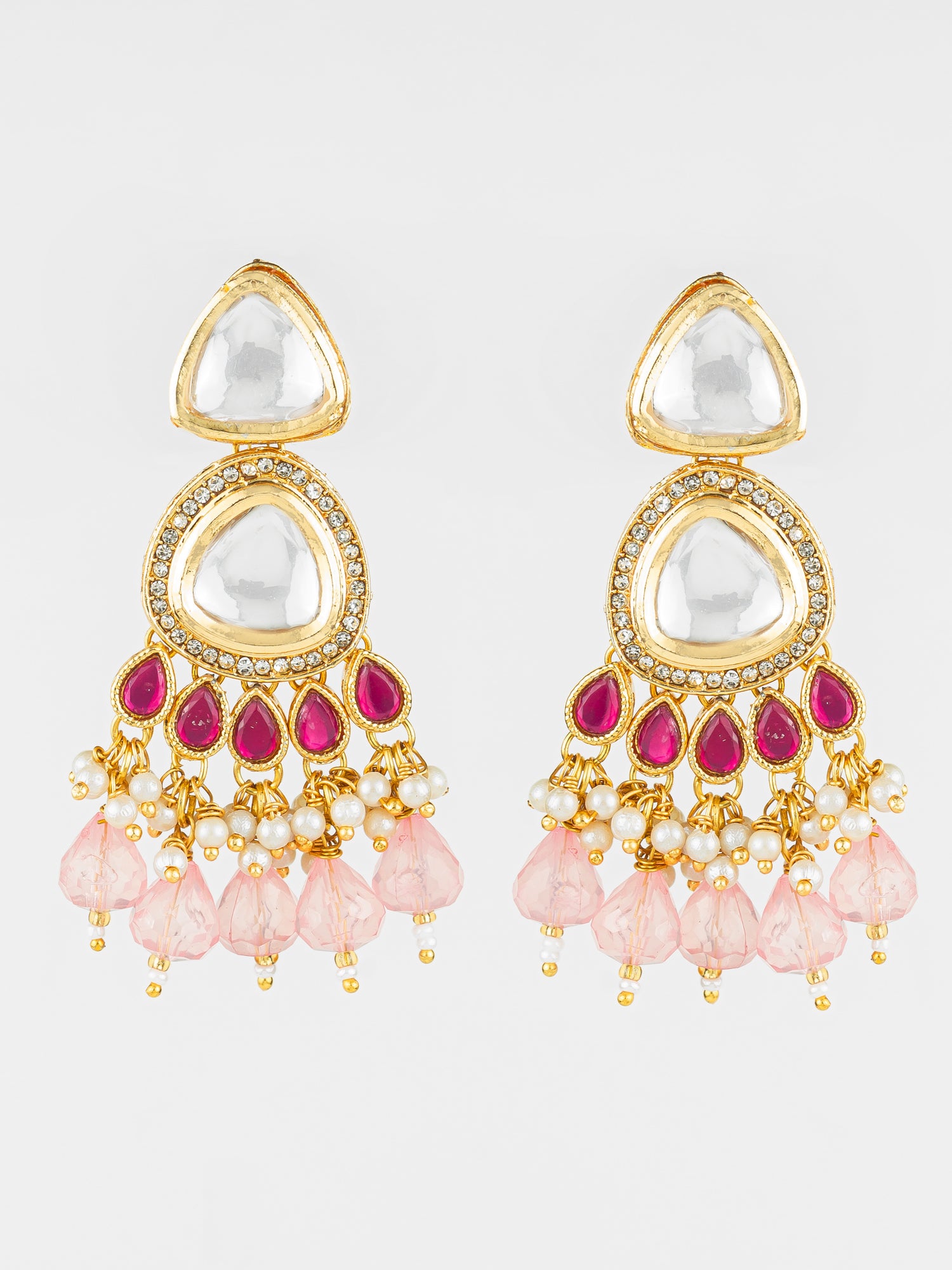 Gold Plated Kundan & Pink Beaded Chandbali Earrings for Women and Girls | Aadita Jewelry