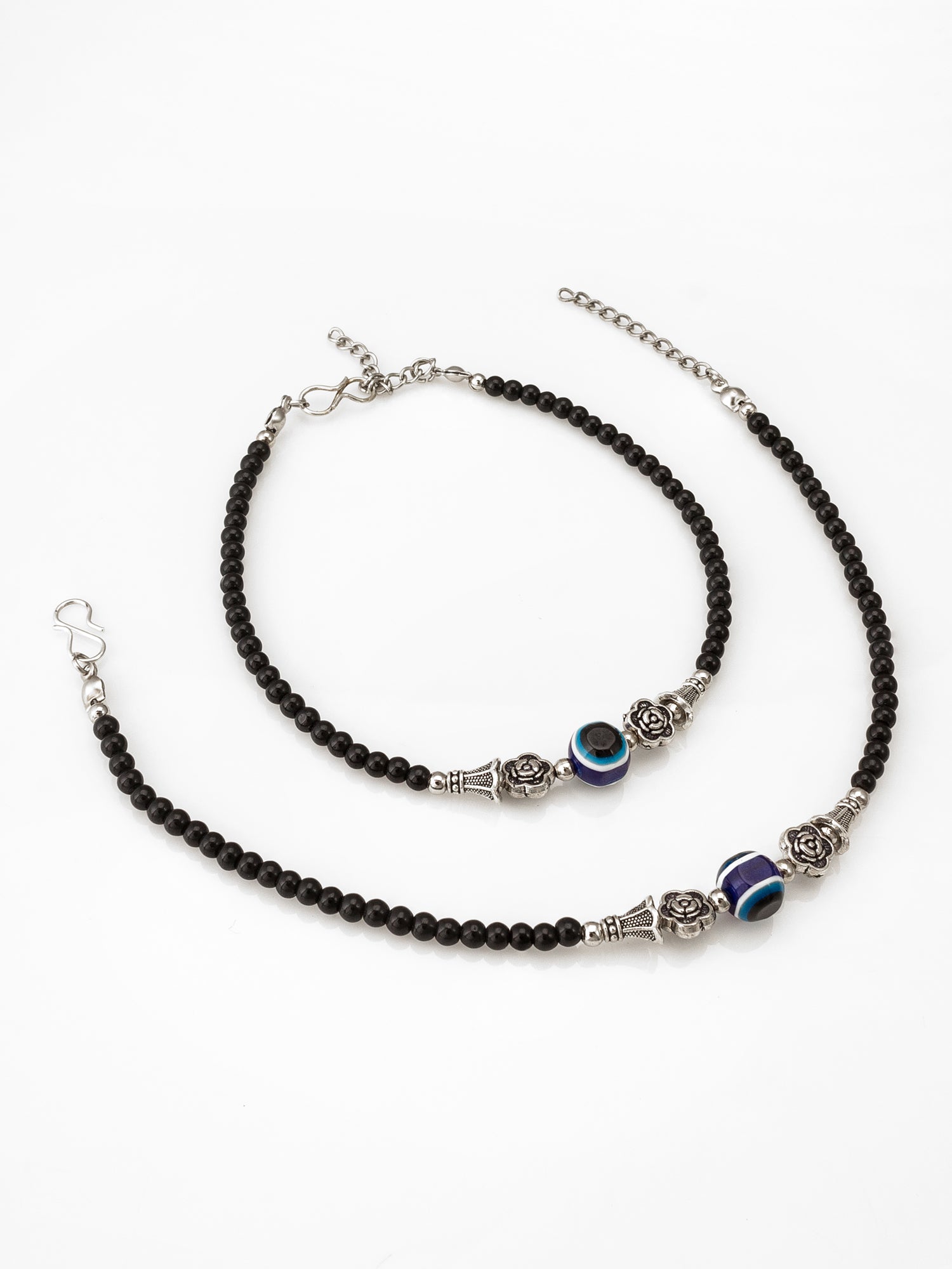 Black Round Bead and Oxidized Floral Charms Anklet | Aadita Jewelry