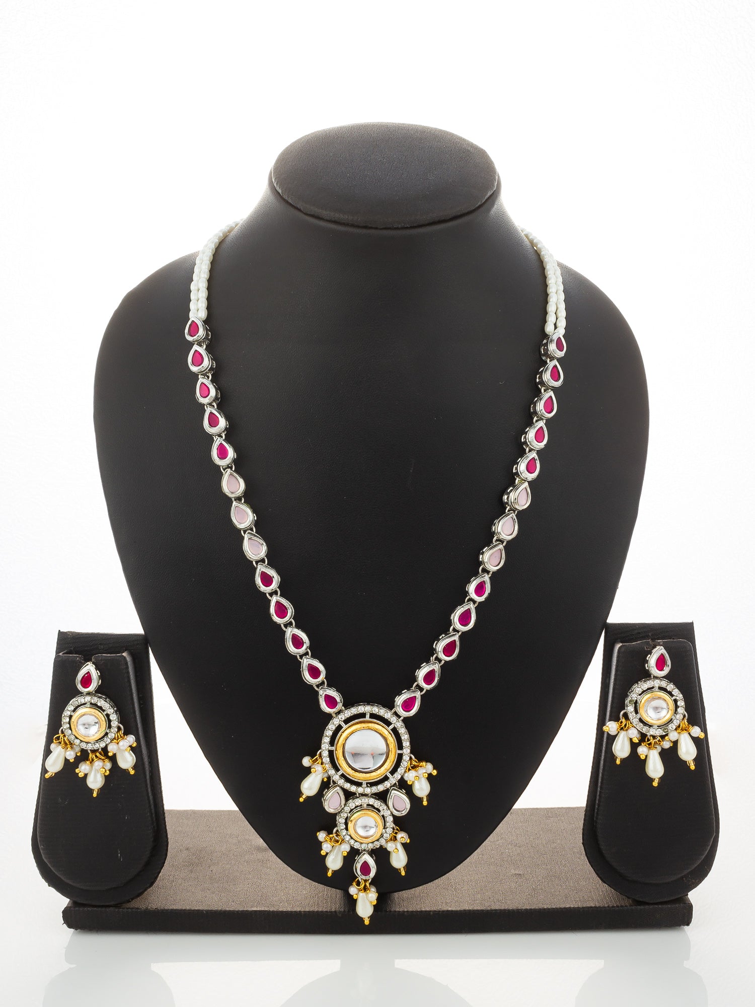Aadita  Kundan Long Necklace Set with Ruby-Tone Stones and Pearl Drops – View 5 | Aadita Jewelry