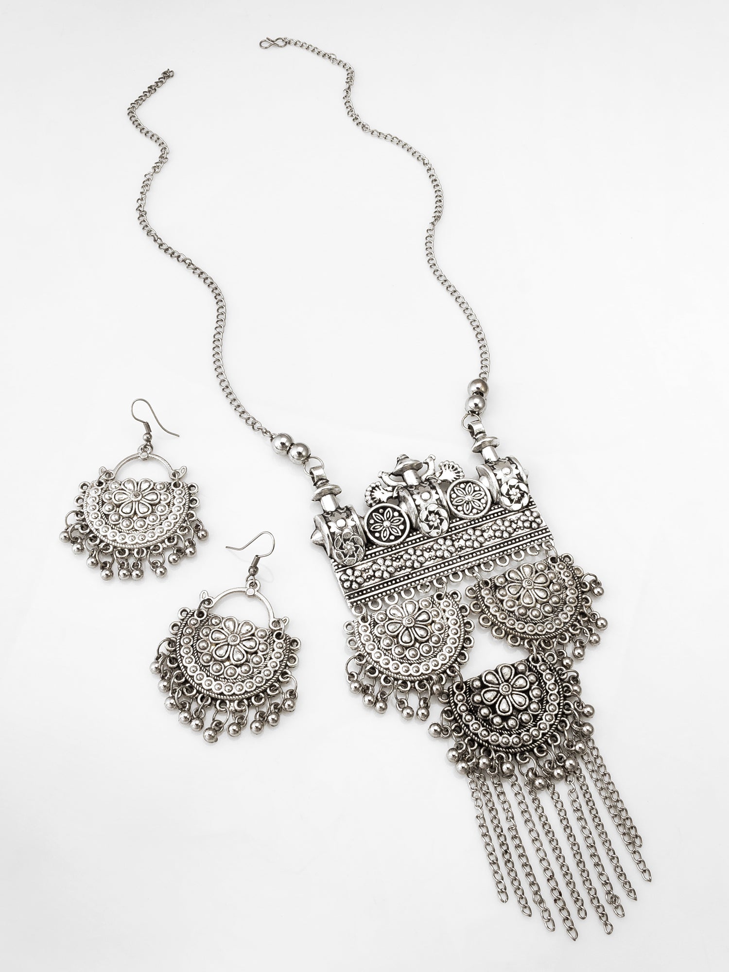 Oxidised Silver Floral Necklace Set with Chandbali Earrings | Aadita Jewelry