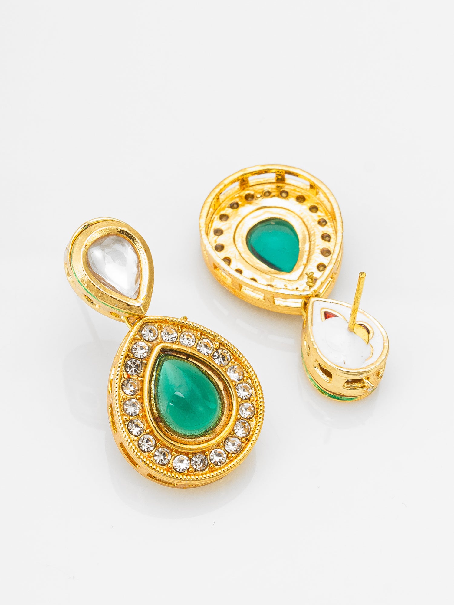 Gold-Plated Stud Earrings with Green Stone and Crystal – View 2 | Aadita Jewelry