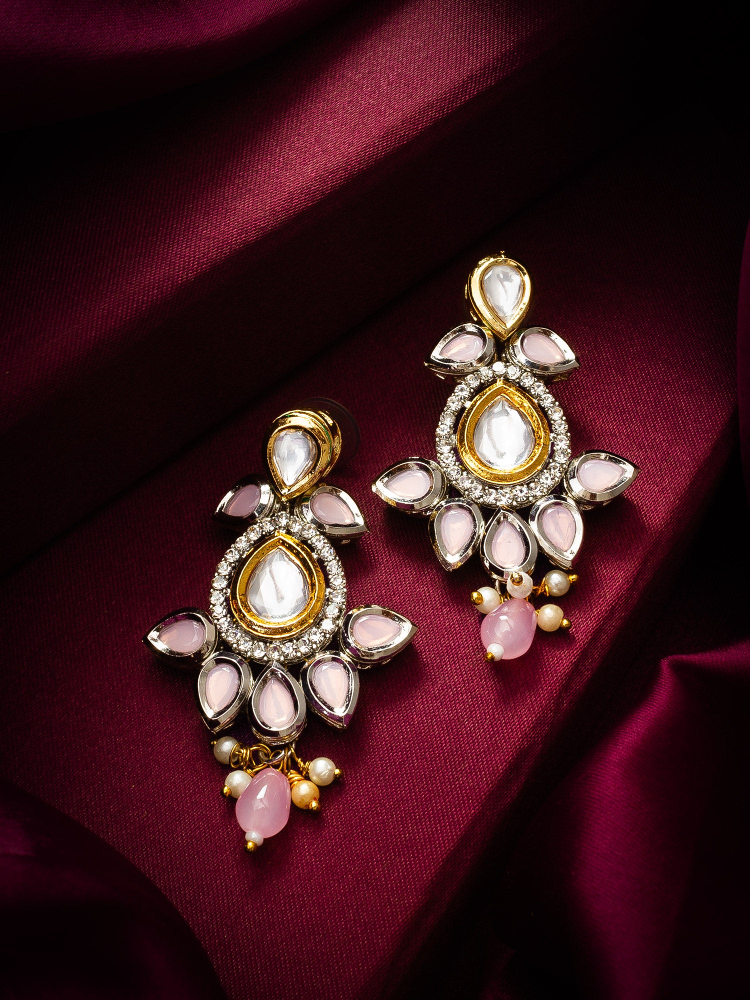 Pink Stone Kundan Traditional Drop Earrings – View 4 | Aadita Jewelry
