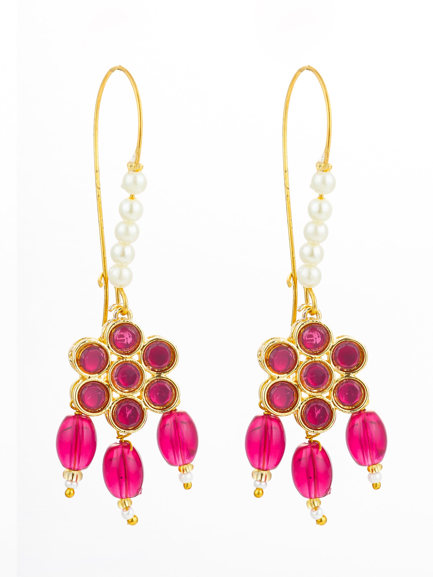 Pink Floral Stone Hook Earrings with Matching Bead Drops and Pearls | Aadita Jewelry
