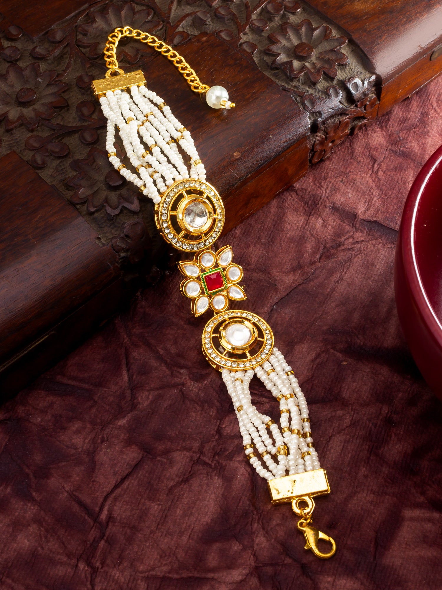 Traditional Pearl Beaded Kundan Bracelet – View 5 | Aadita Jewelry
