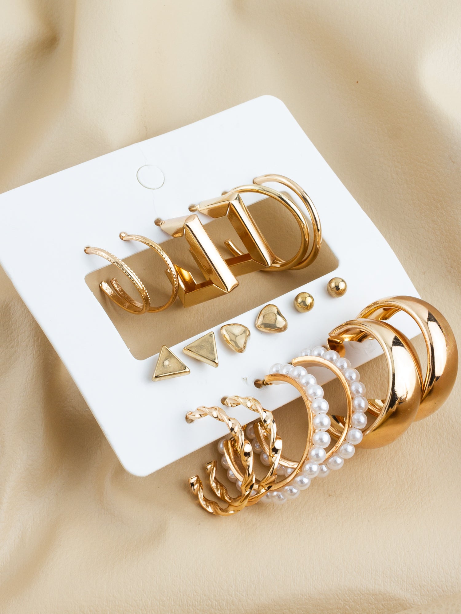 Gold Plated Minimal Studs & Hoops Earring Combo Set with Pearls (Pack of 9 Pairs) – View 3 | Aadita Jewelry