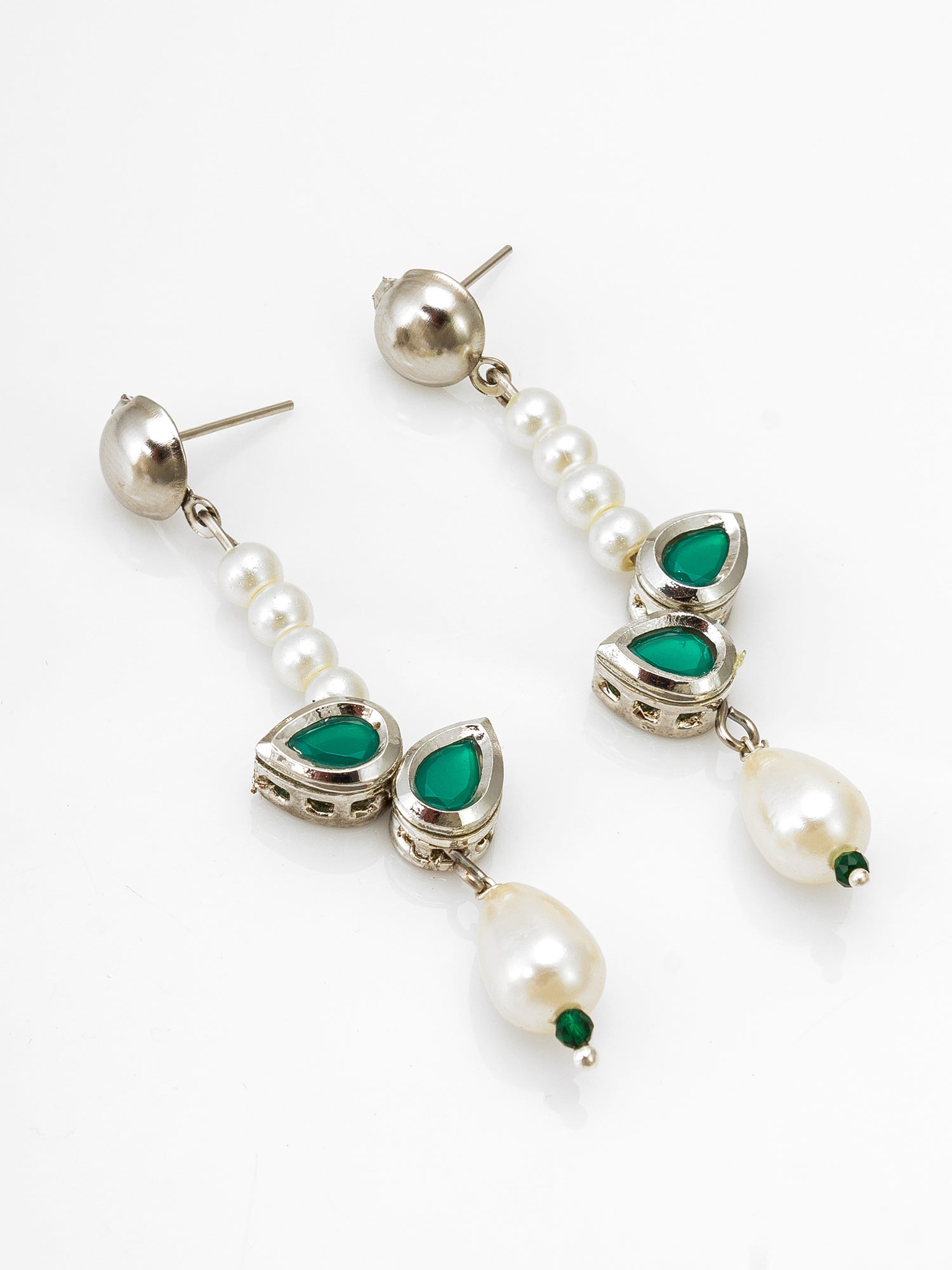 Elegant Silver Plated Green Stone and Pearl Drop Earrings | Aadita Jewelry