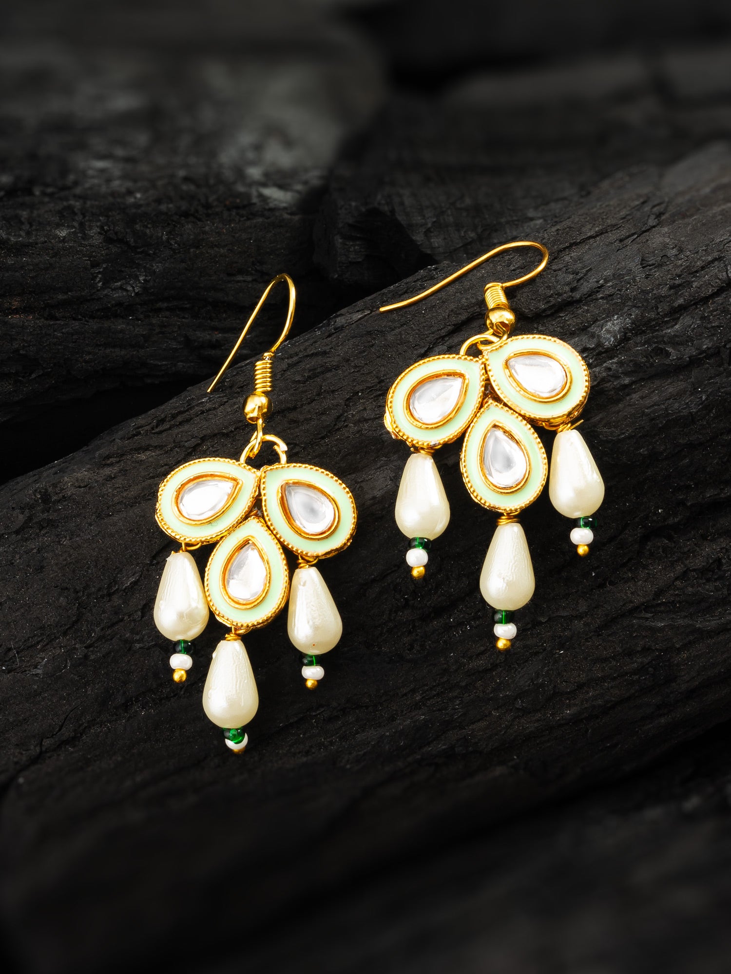 Mint Green Enamel Kundan Drop Earrings with Pearls – View 5 | Aadita Jewelry