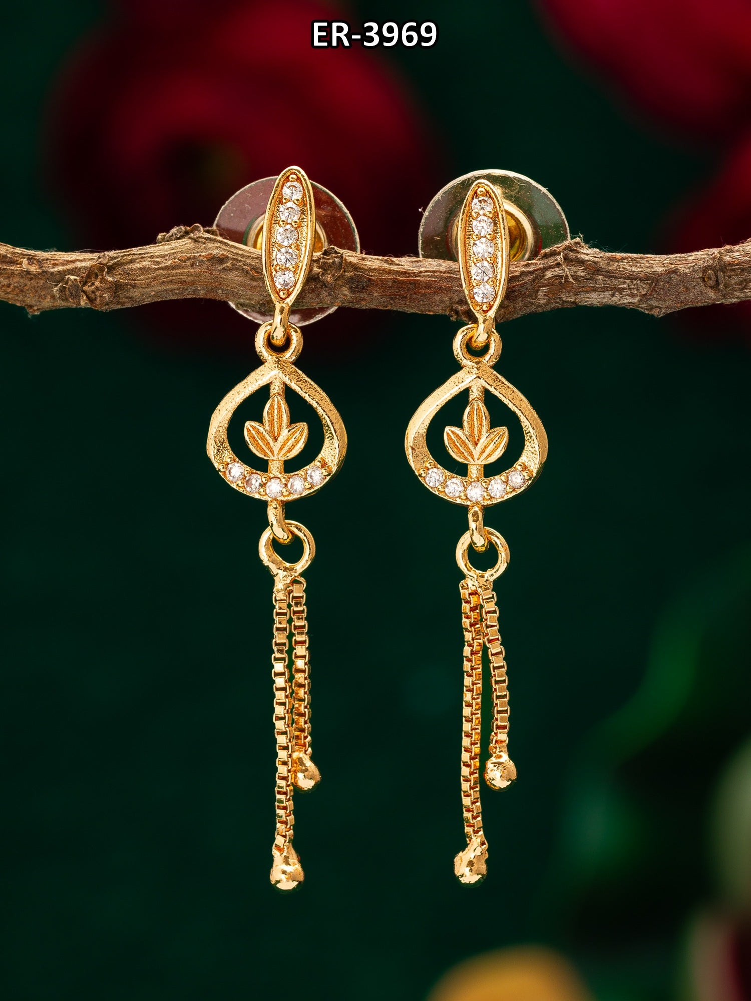 Gold-Plated AD Stone Drop Earrings with Chain – View 5 | Aadita Jewelry