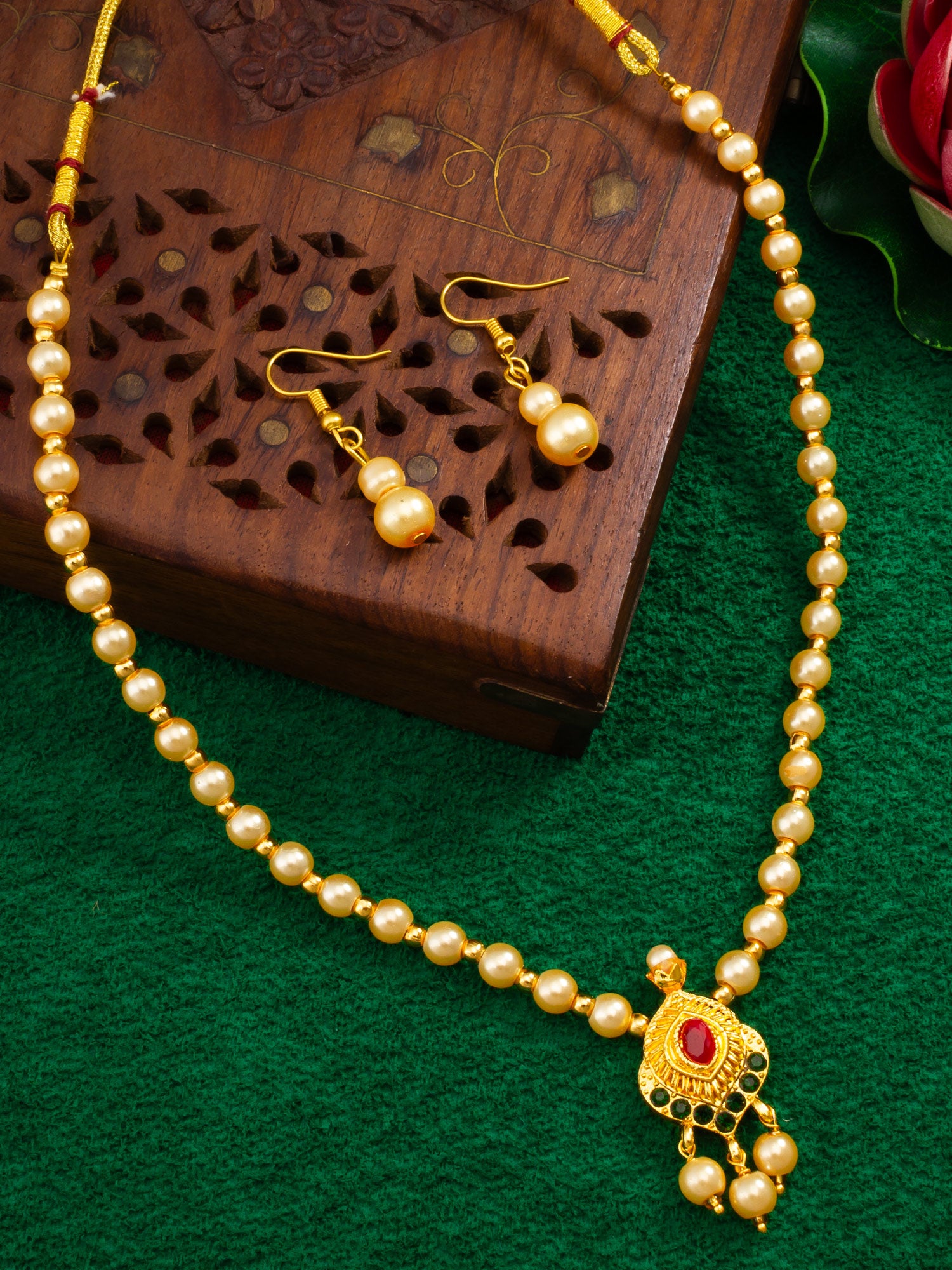 Gold-Plated Pearl Beaded Traditional Necklace Set – View 5 | Aadita Jewelry