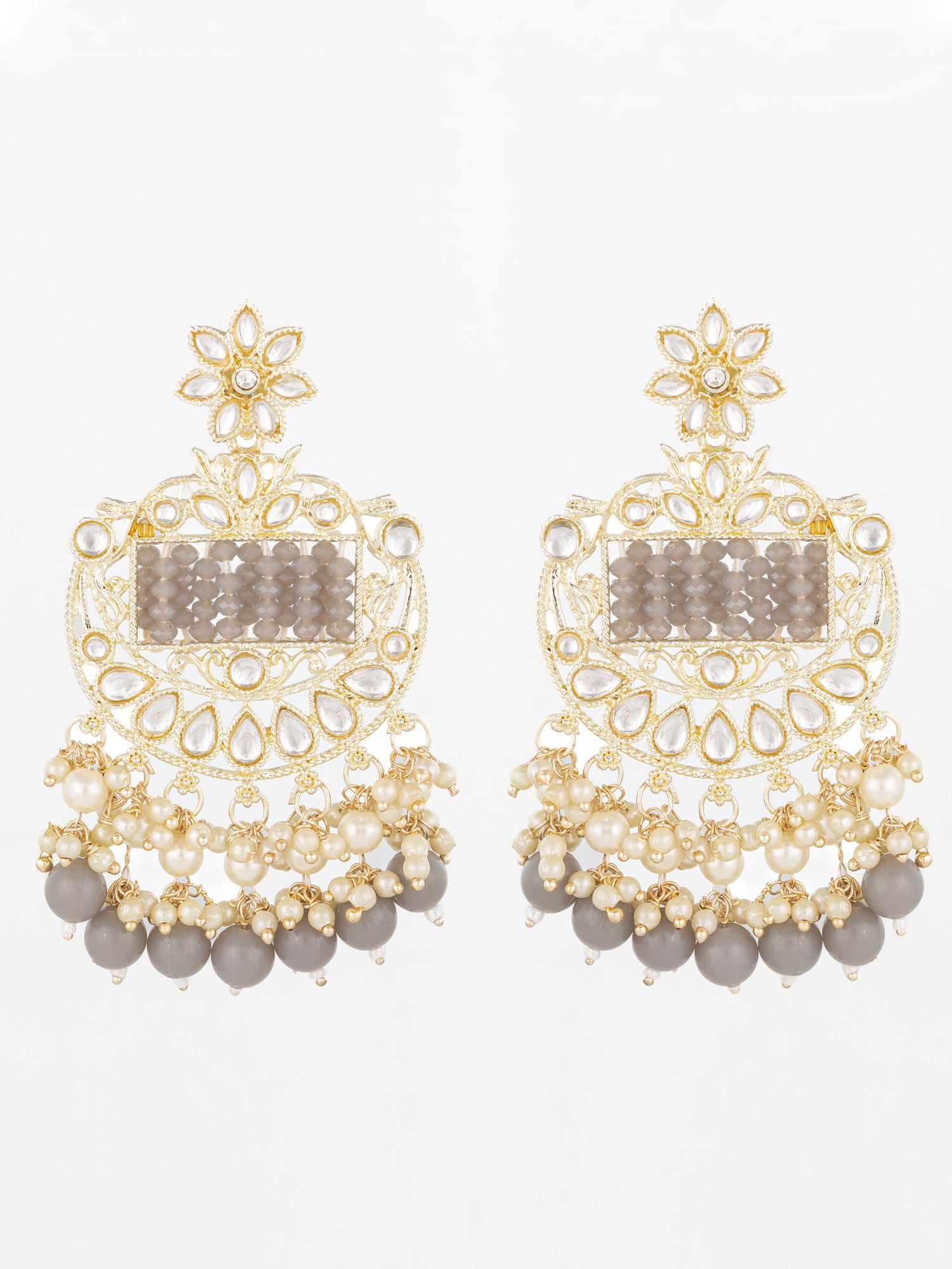 Aadita Gold Plated Grey Beaded Chandelier Earrings | Aadita Jewelry