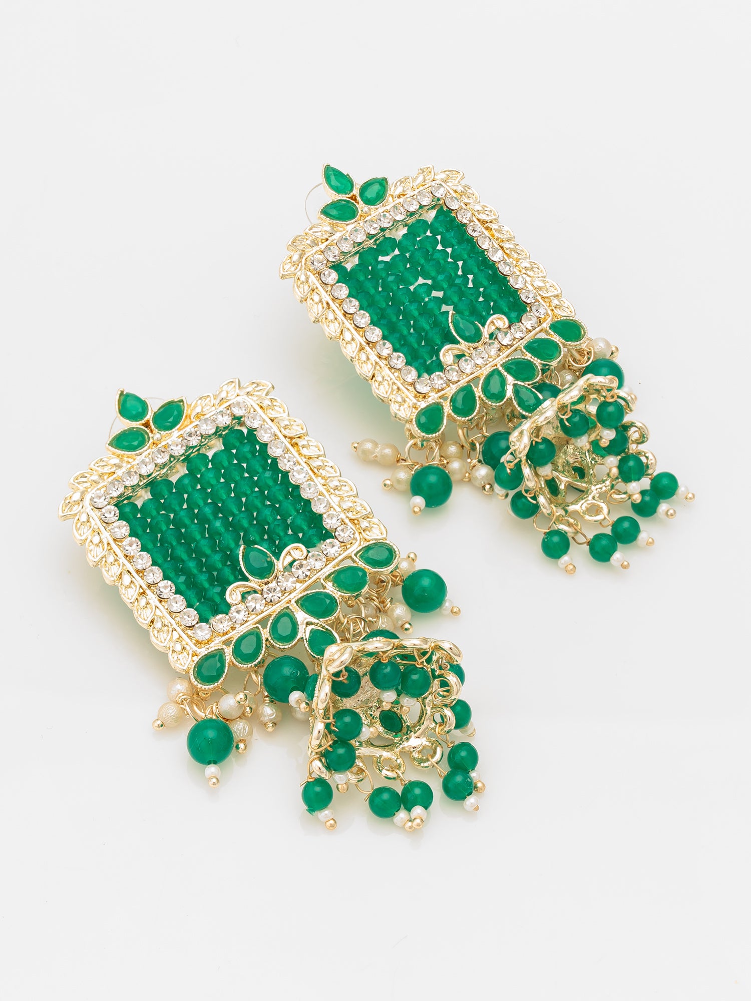 Aadita Gold Plated Green Stone Heavy Chandlier Jhumka Earrings – View 2 | Aadita Jewelry