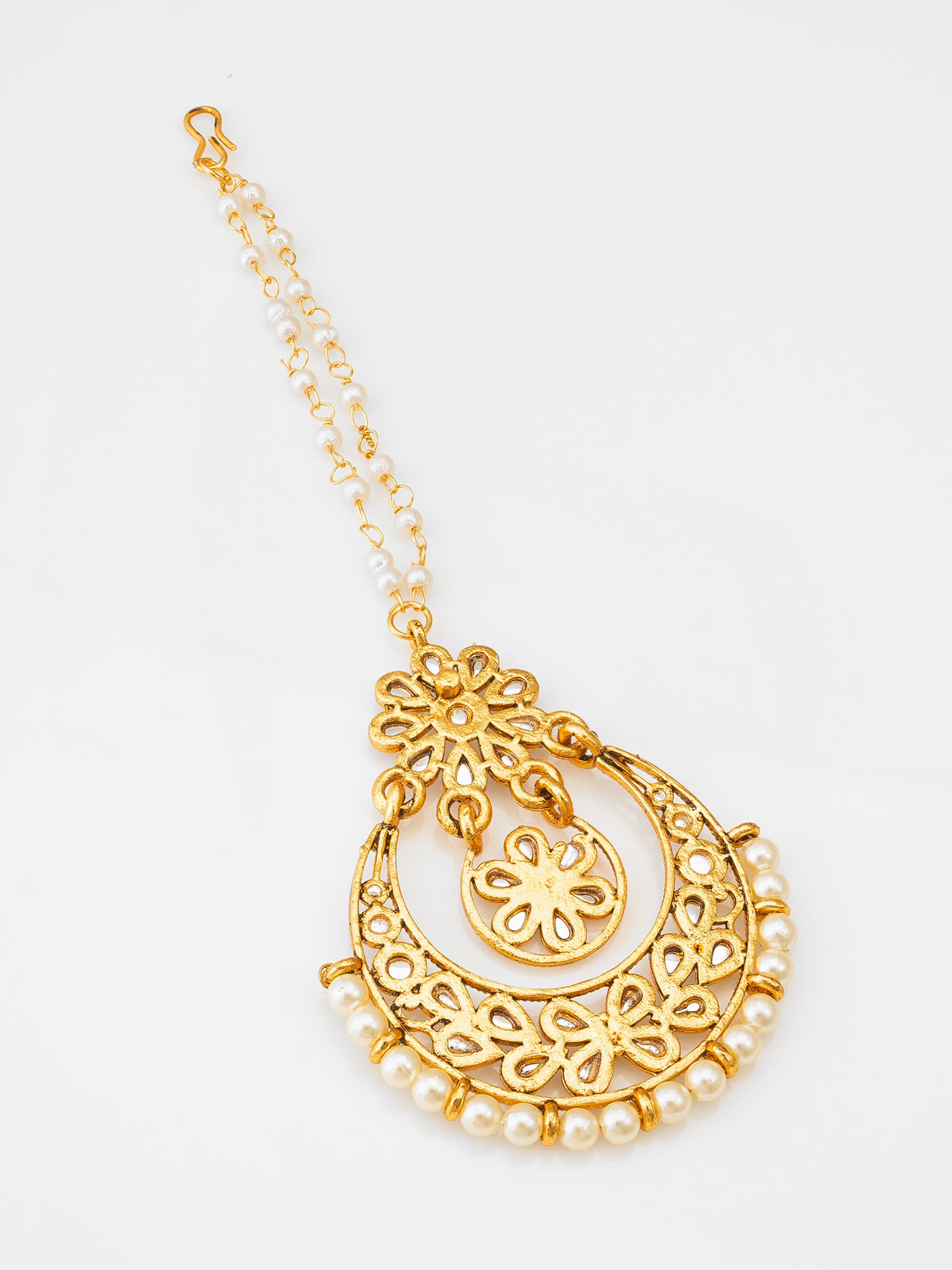 Fashion Gold-Plated Pearl Flower Design Maang Tikka – View 2 | Aadita Jewelry