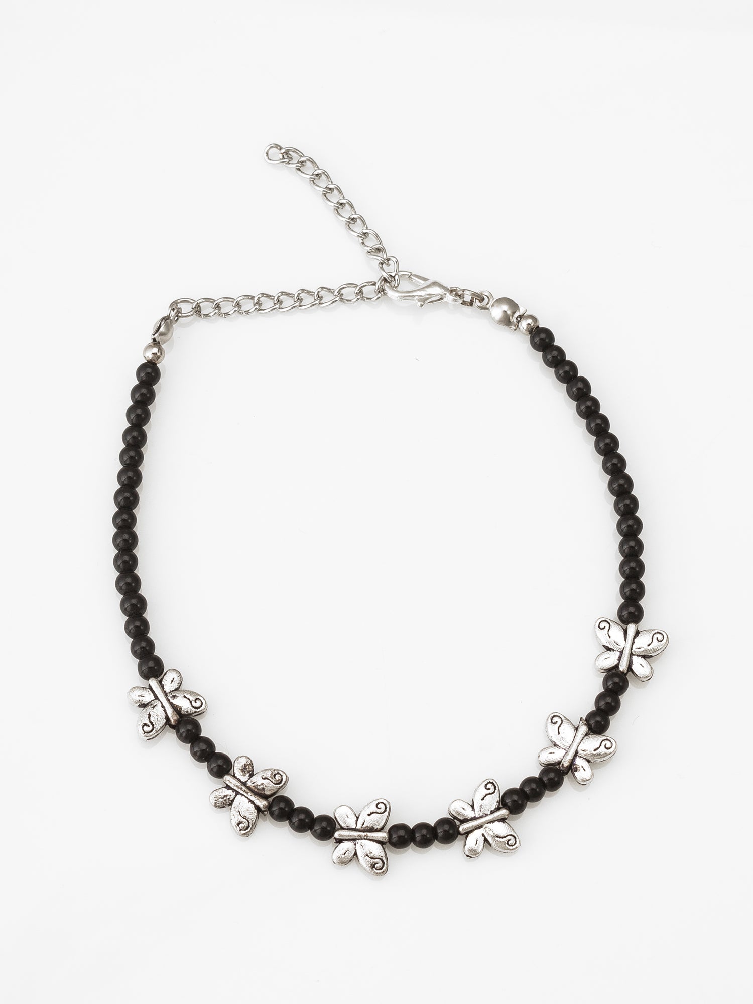 Black Bead Oxidized Butterfly Charm Beaded Anklet – View 2 | Aadita Jewelry