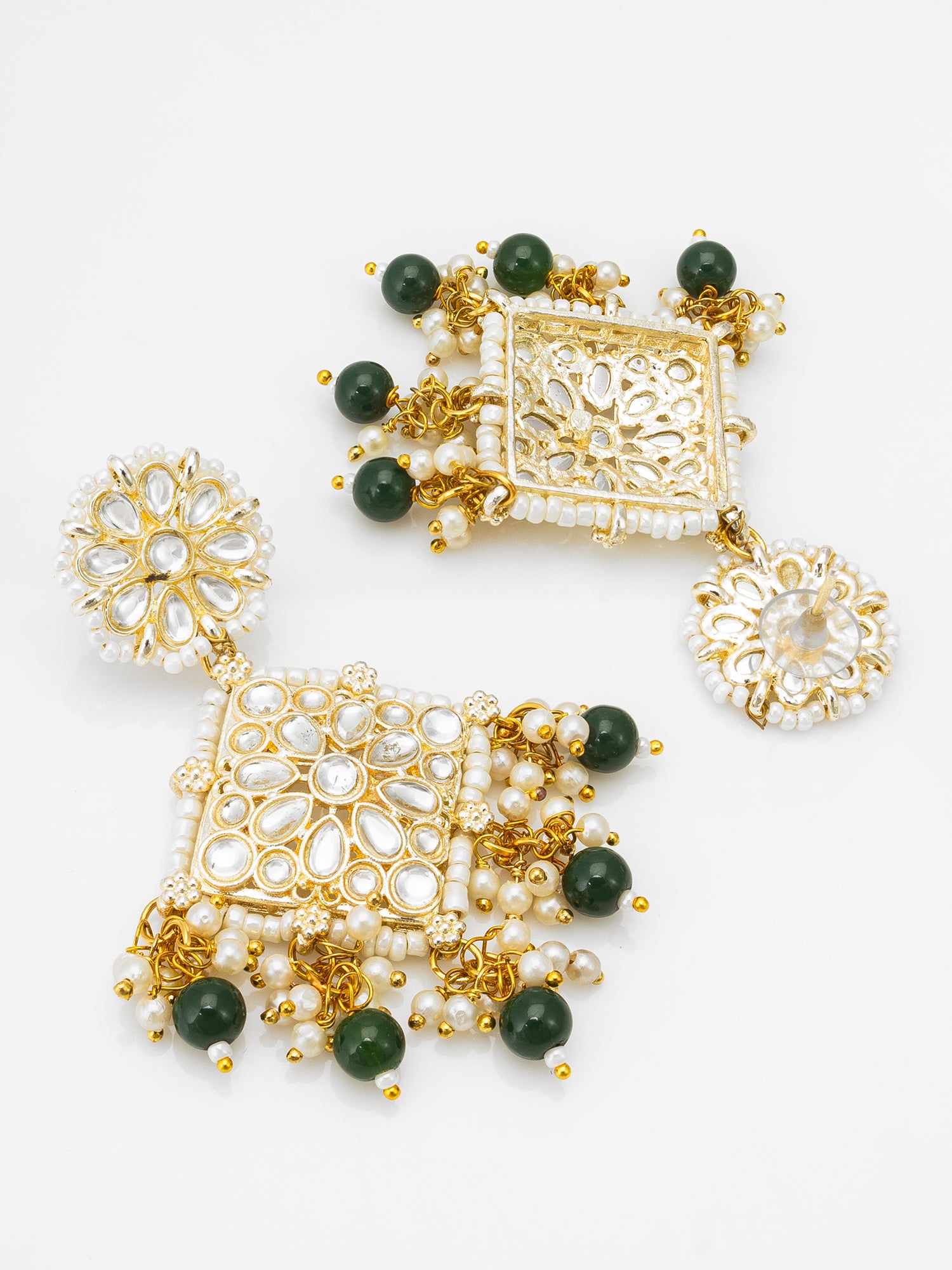 Kundan Square Pendant Earrings with Emerald Green Beads and Pearl Drops – View 2 | Aadita Jewelry